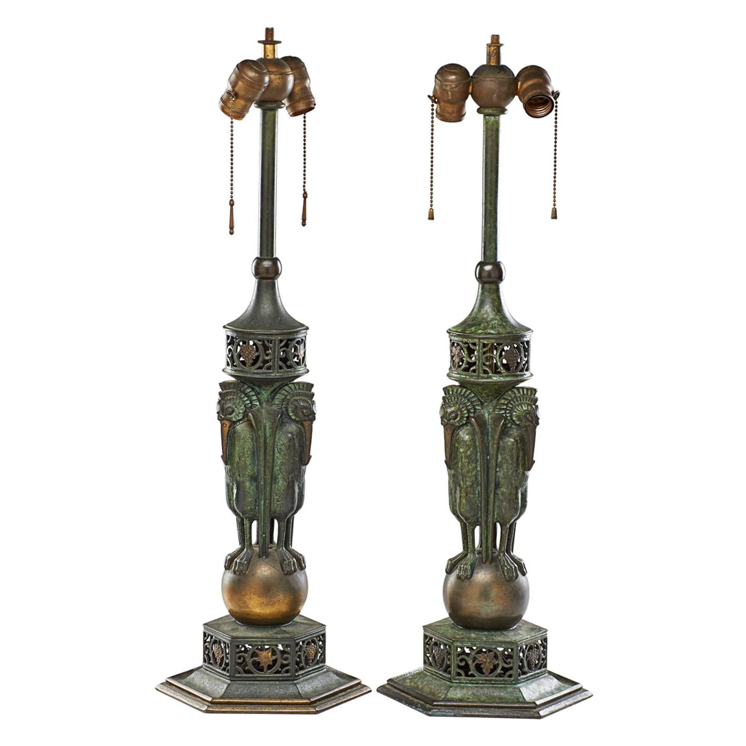 Rare Pair of Bronze Patinated Table Lamp by  Oscar Bruno Bach 