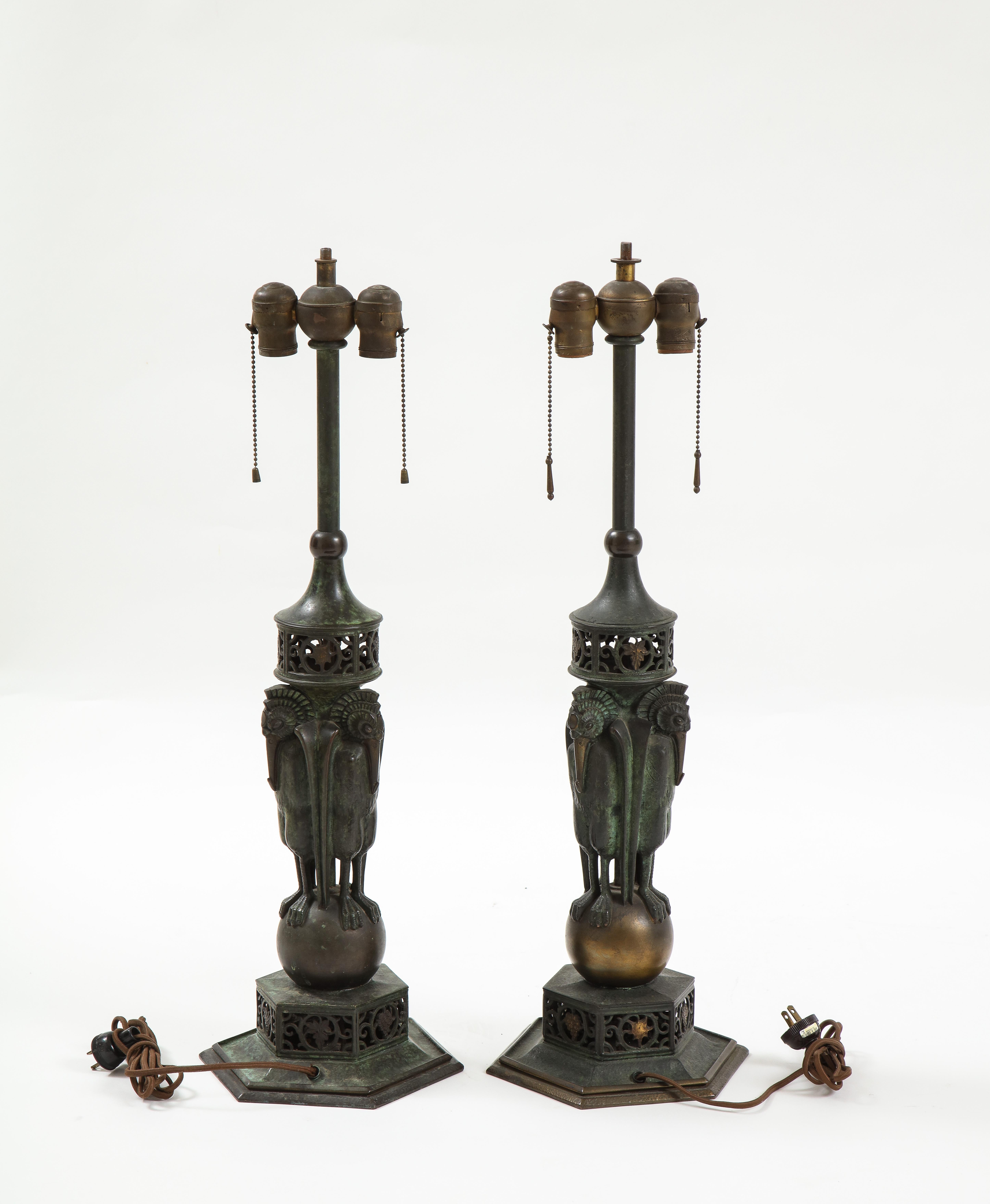 Early 20th Century Rare Pair of Bronze Patinated Table Lamp by  Oscar Bruno Bach 