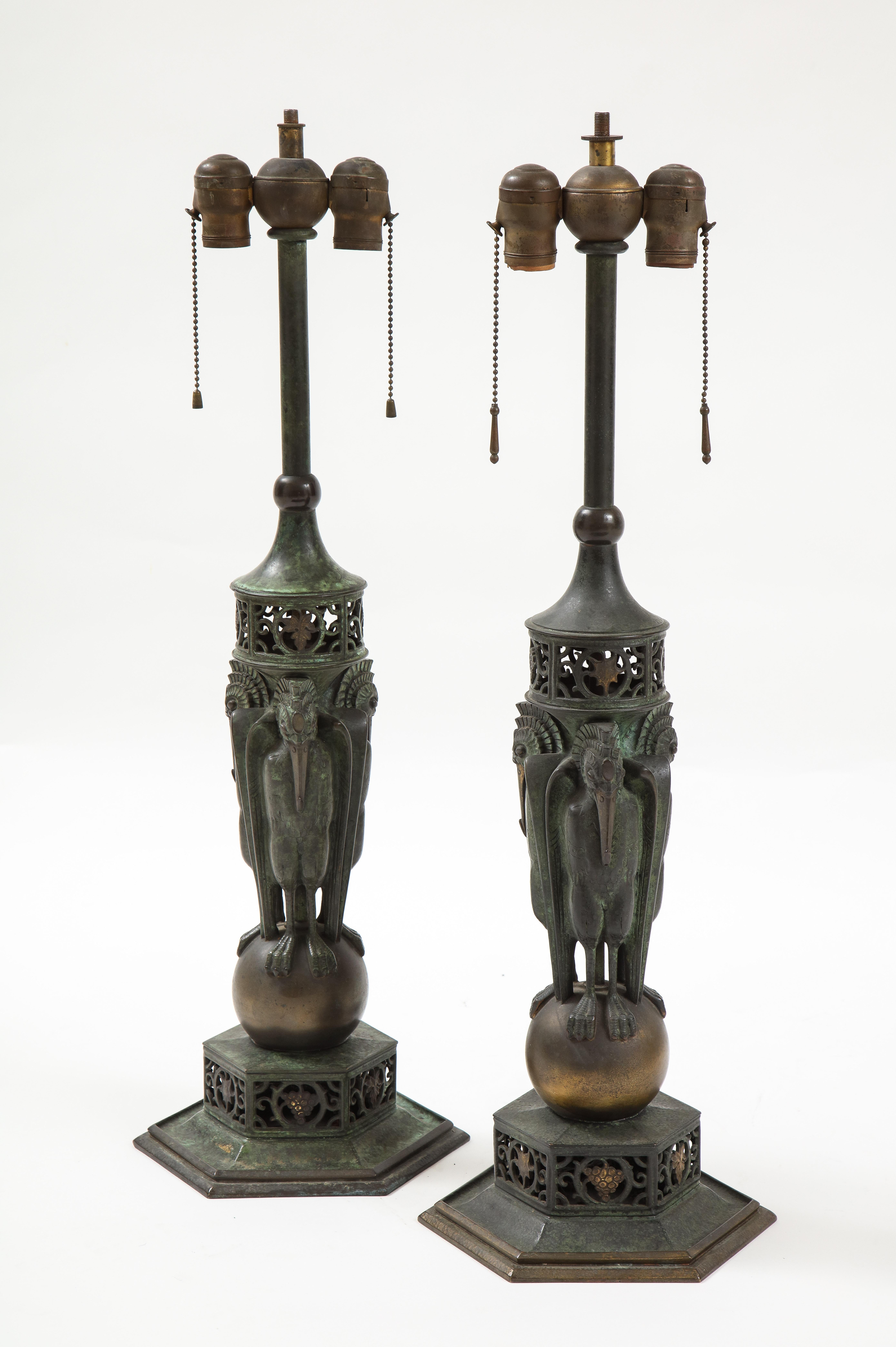 Art Deco Rare Pair of Bronze Patinated Table Lamp by  Oscar Bruno Bach
