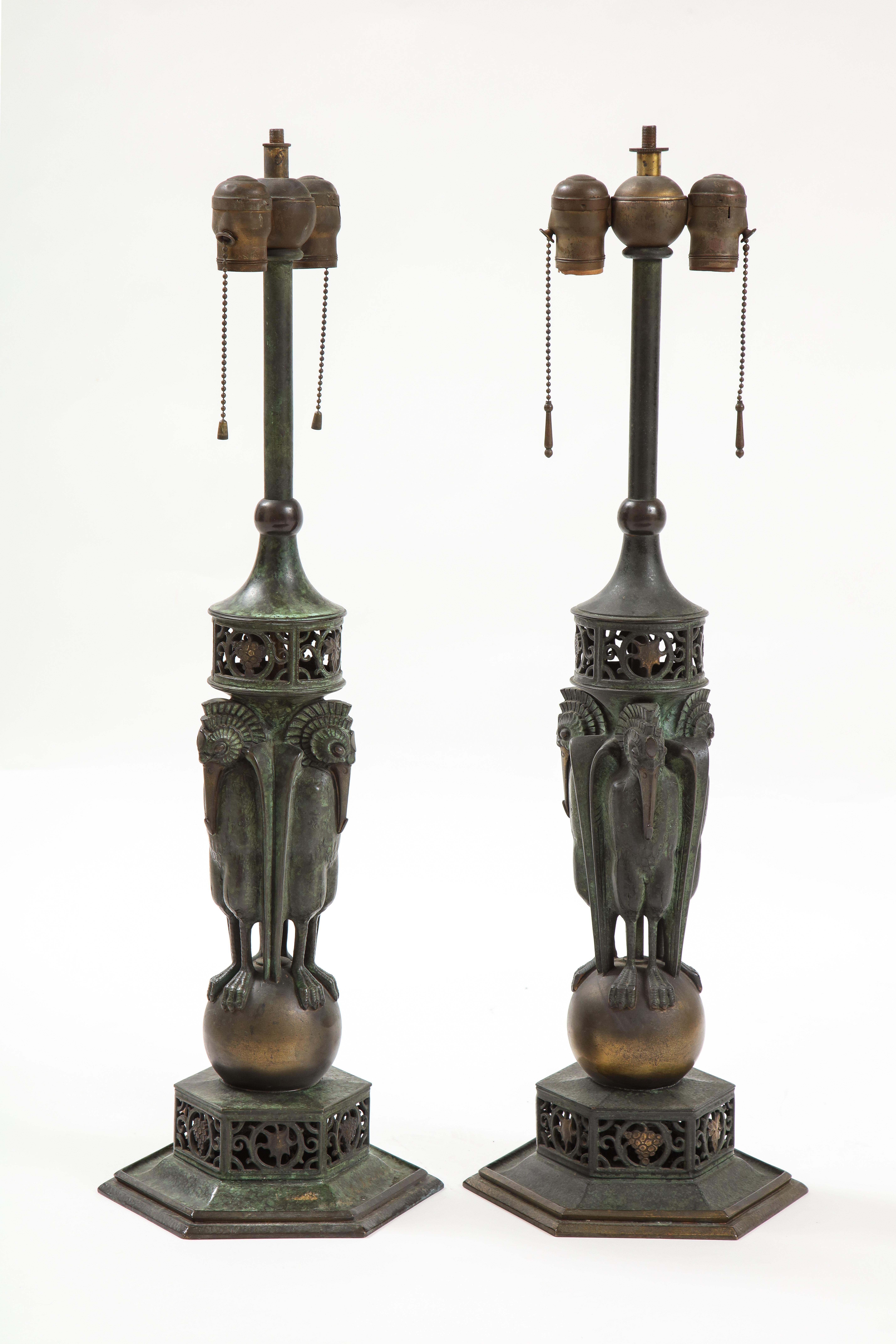 American Rare Pair of Bronze Patinated Table Lamp by  Oscar Bruno Bach 