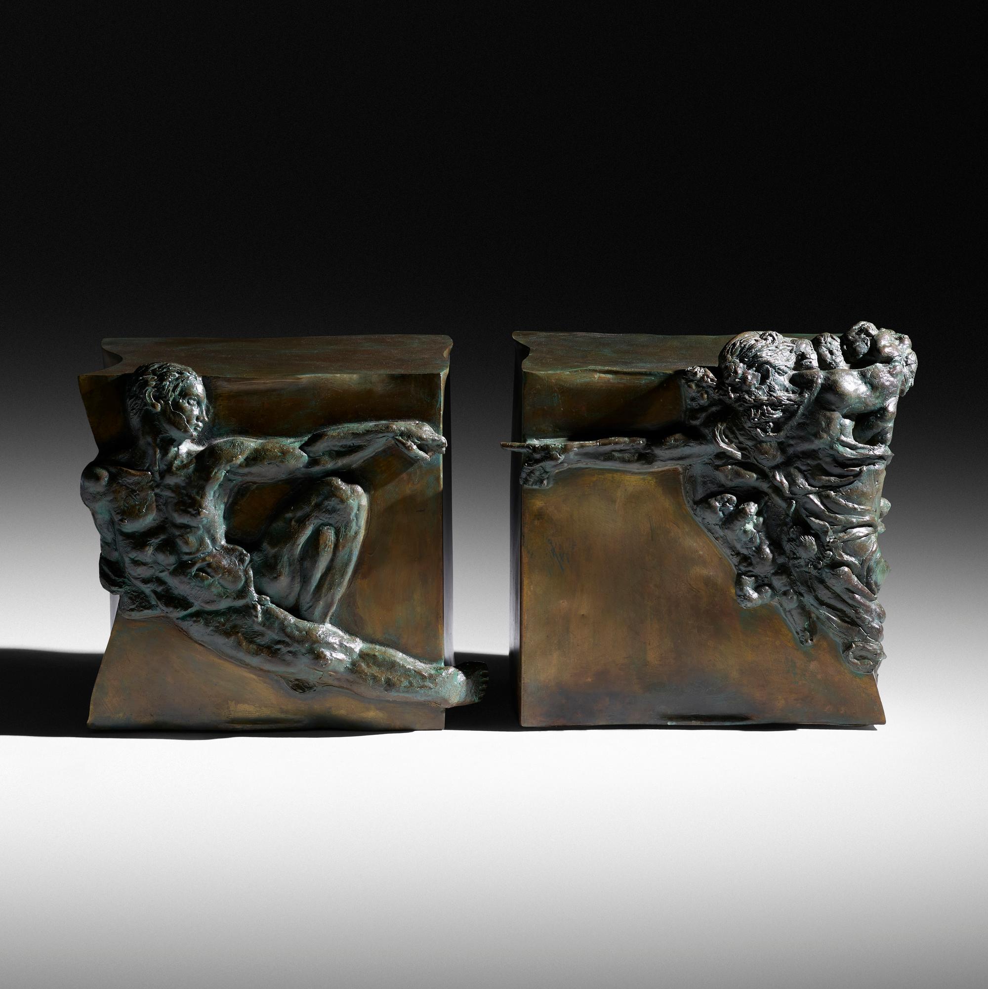 Rare pair of sculptural cocktail  tables in patinated bronze by Philip and Kelvin Laverne,
