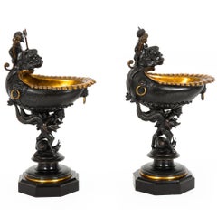 Rare Pair of Bronze Tazzas w/ Poseidon & Satyrs on Marble circa 1860s