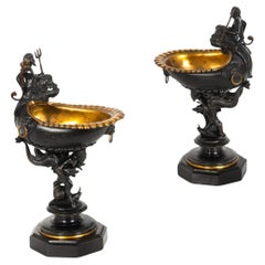 Rare Pair of Bronze Tazzas w/ Poseidon & Satyrs on Marble circa 1860s