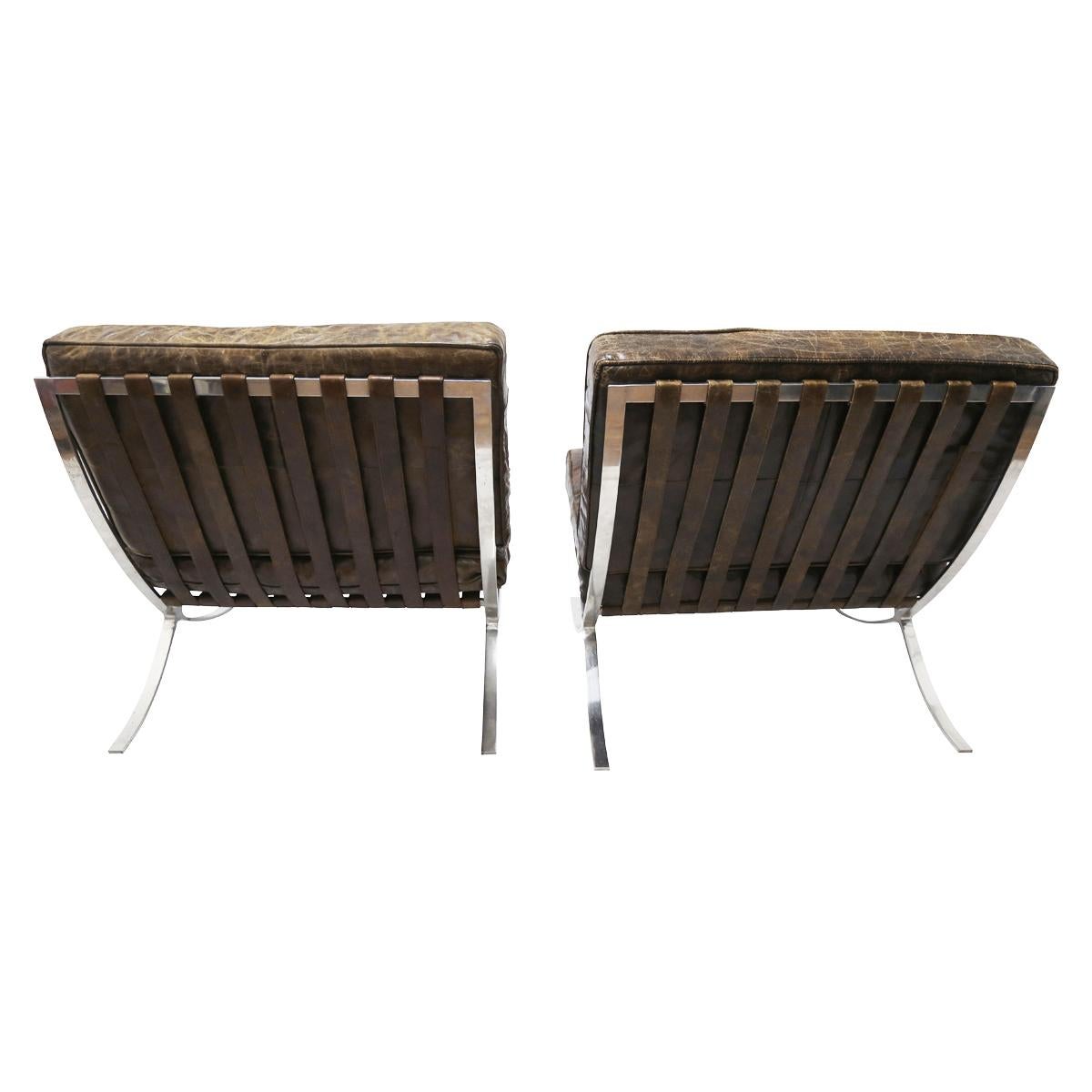 German Rare Pair of Brown Distressed Leather Barcelona Chairs by Mies van der Rohe