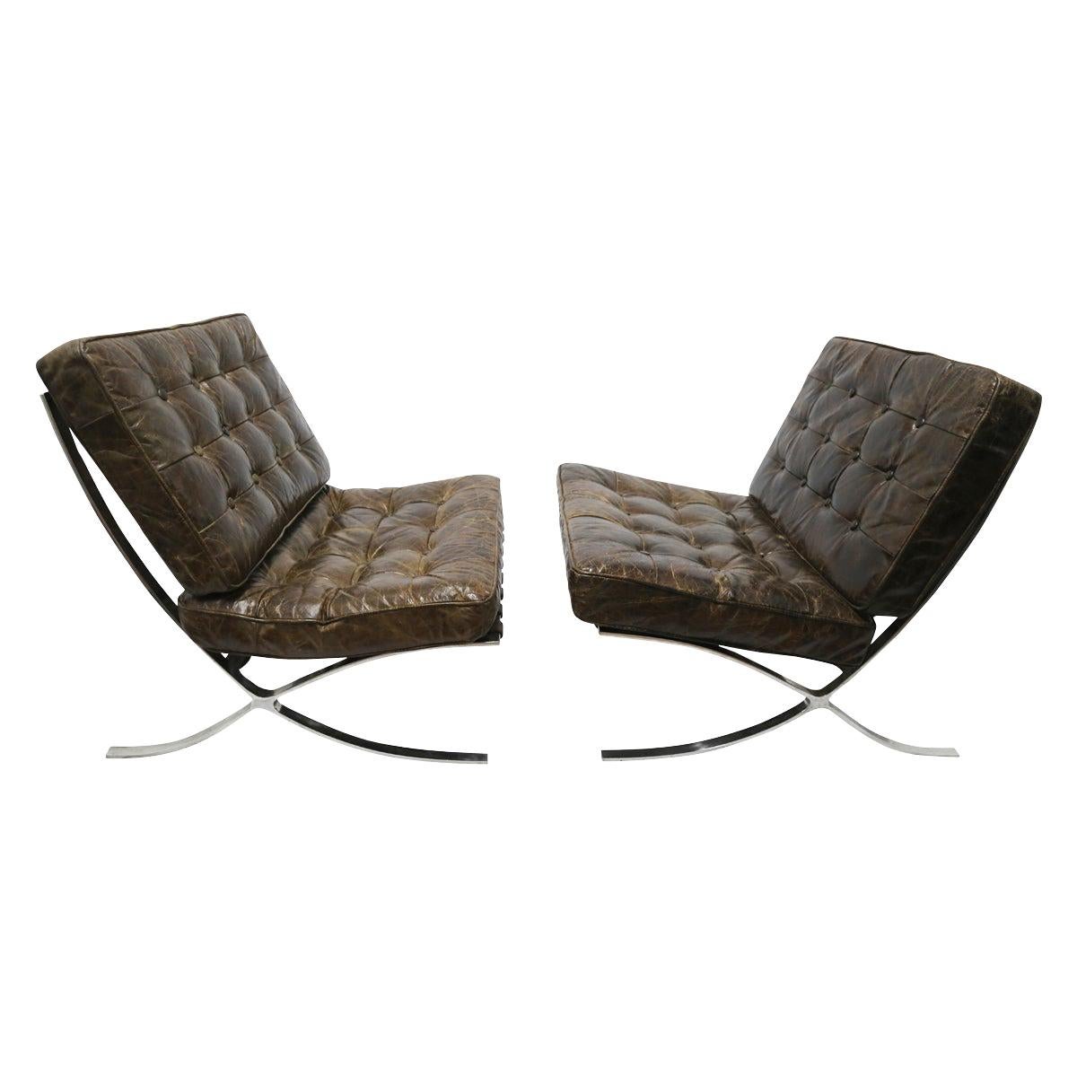 Rare Pair of Brown Distressed Leather Barcelona Chairs by Mies van der Rohe