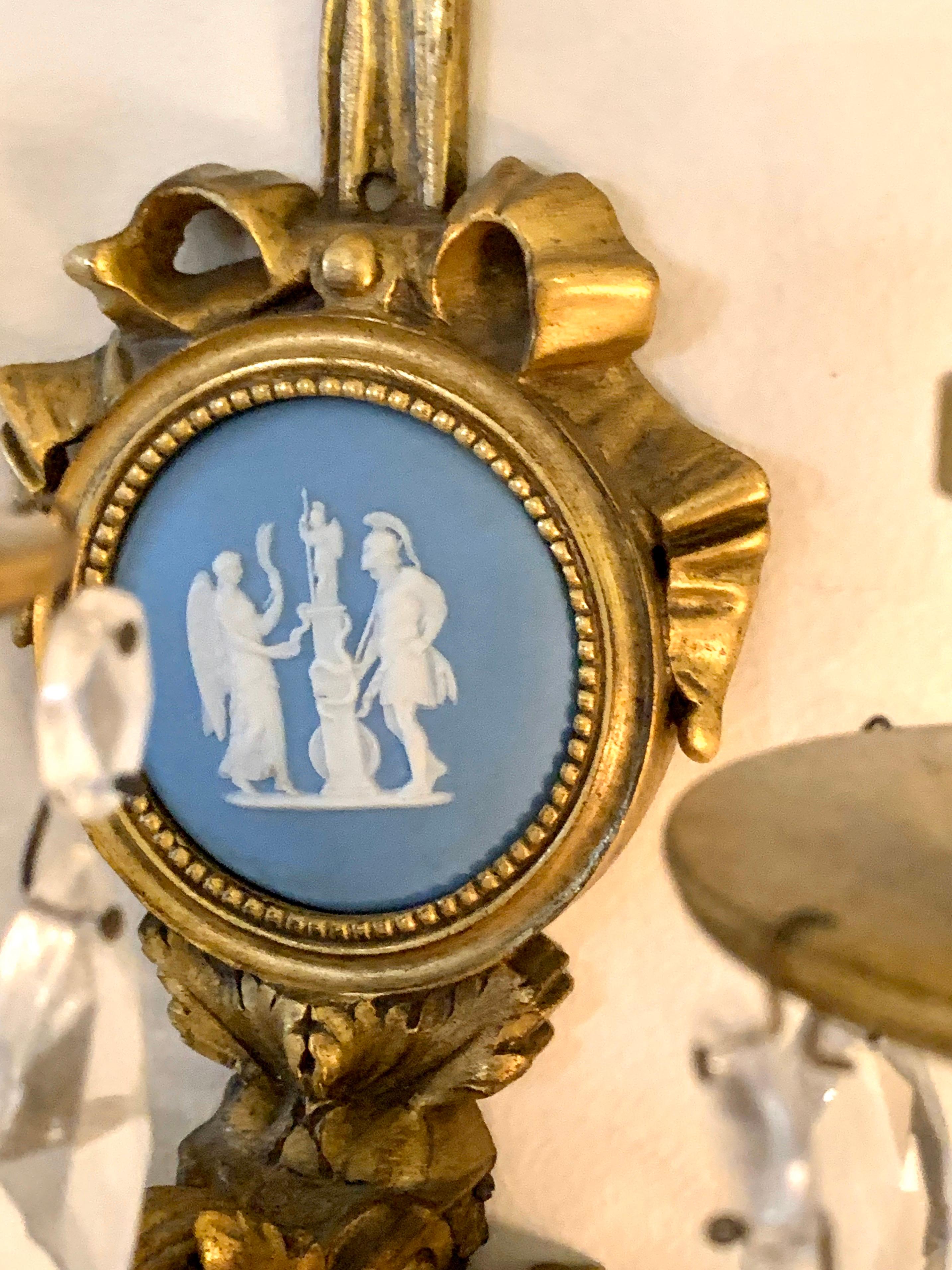 Louis XVI Rare Pair of Caldwell & Company Signed Wedgwood Jasperware & Doré Bronze Sconces