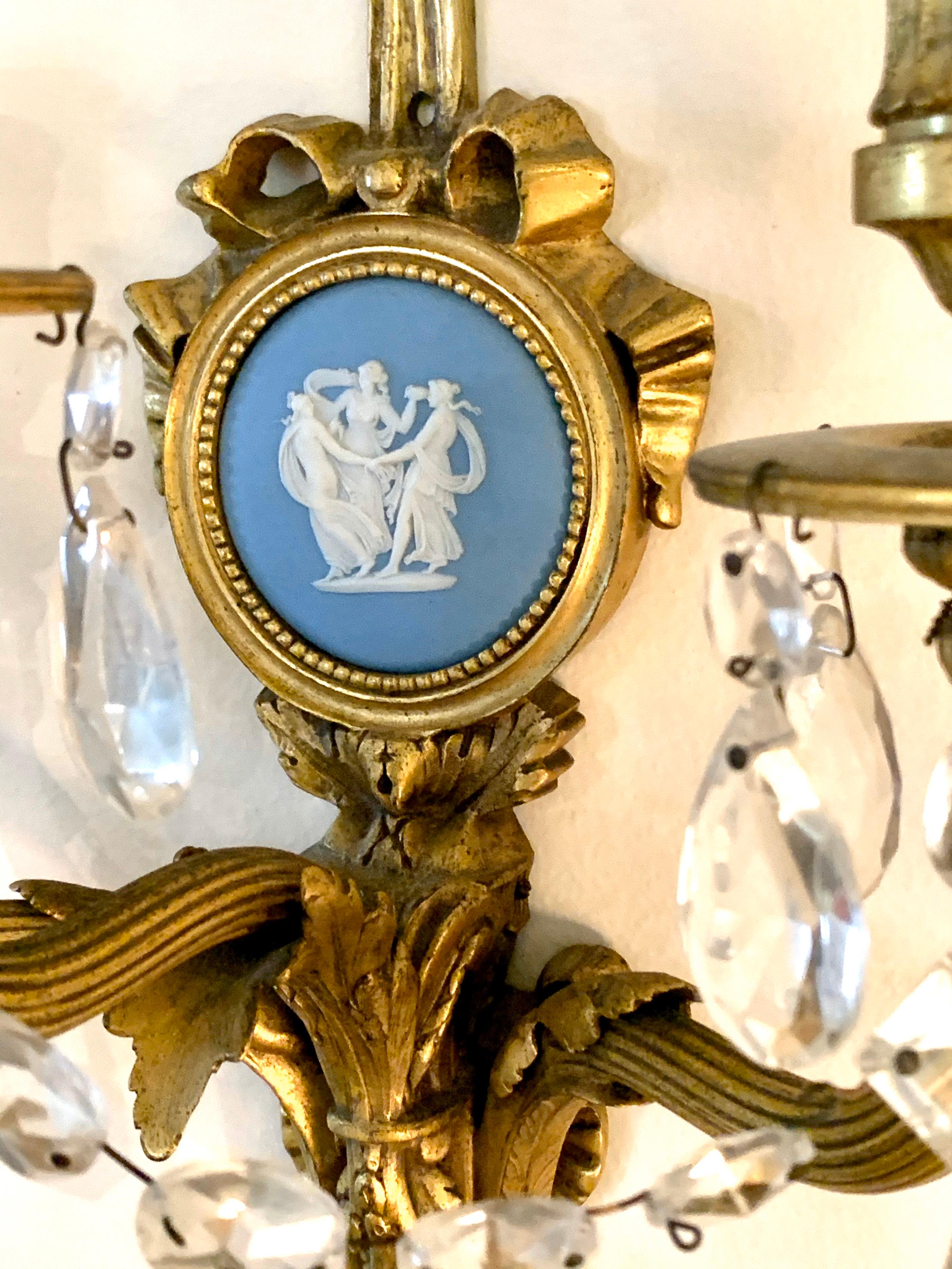 Rare Pair of Caldwell & Company Signed Wedgwood Jasperware & Doré Bronze Sconces In Good Condition In West Hartford, CT