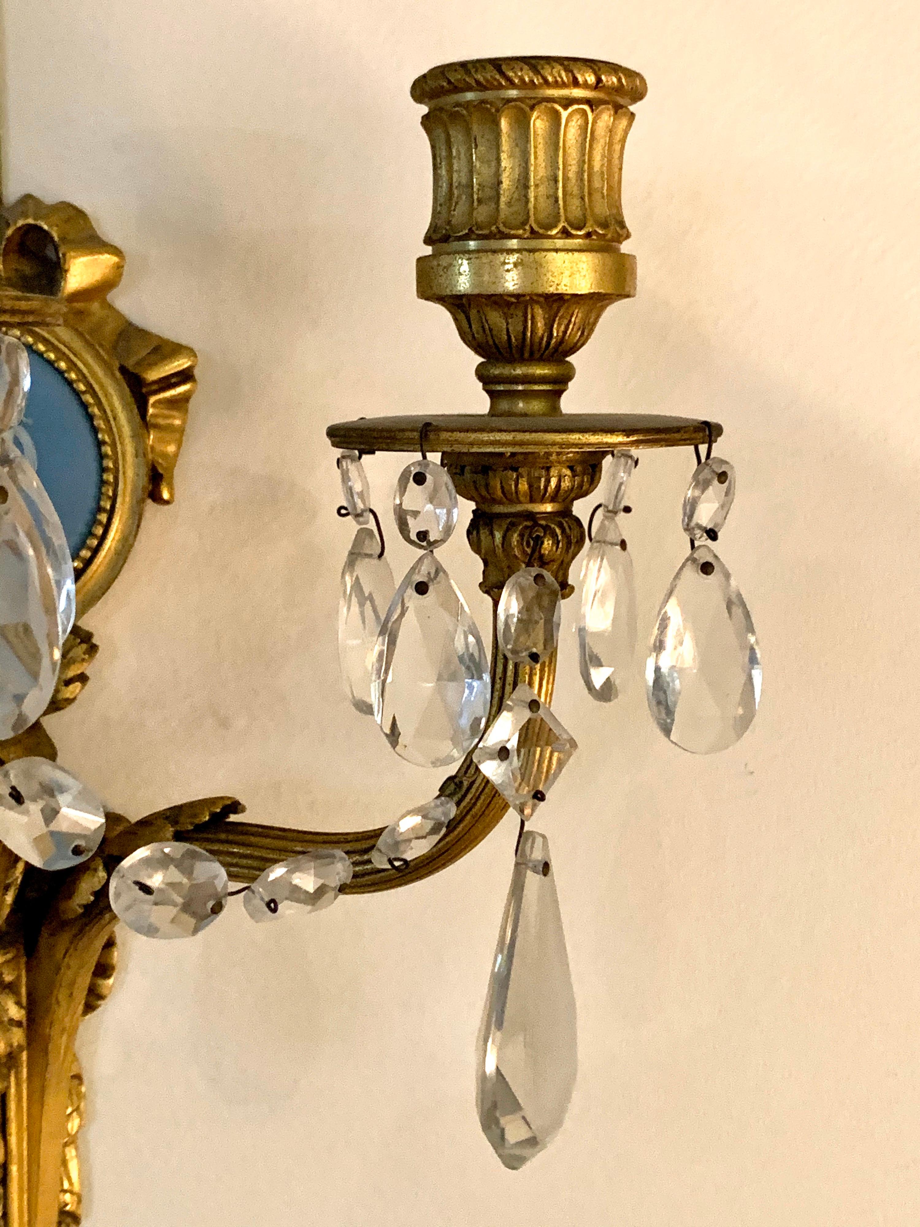 Early 20th Century Rare Pair of Caldwell & Company Signed Wedgwood Jasperware & Doré Bronze Sconces