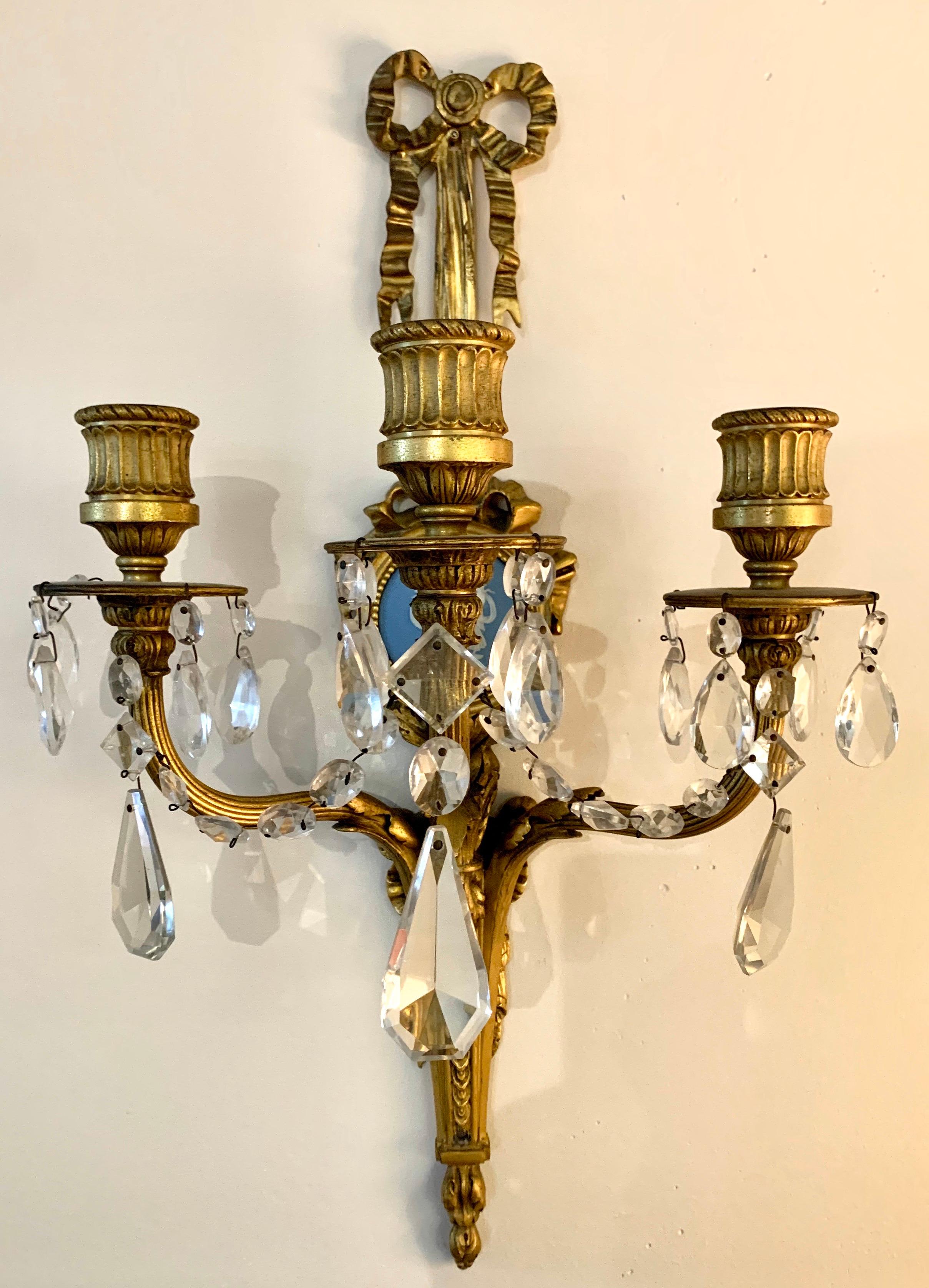 Early 20th Century Rare Pair of Caldwell & Company Signed Wedgwood Jasperware & Dore Bronze Sconces