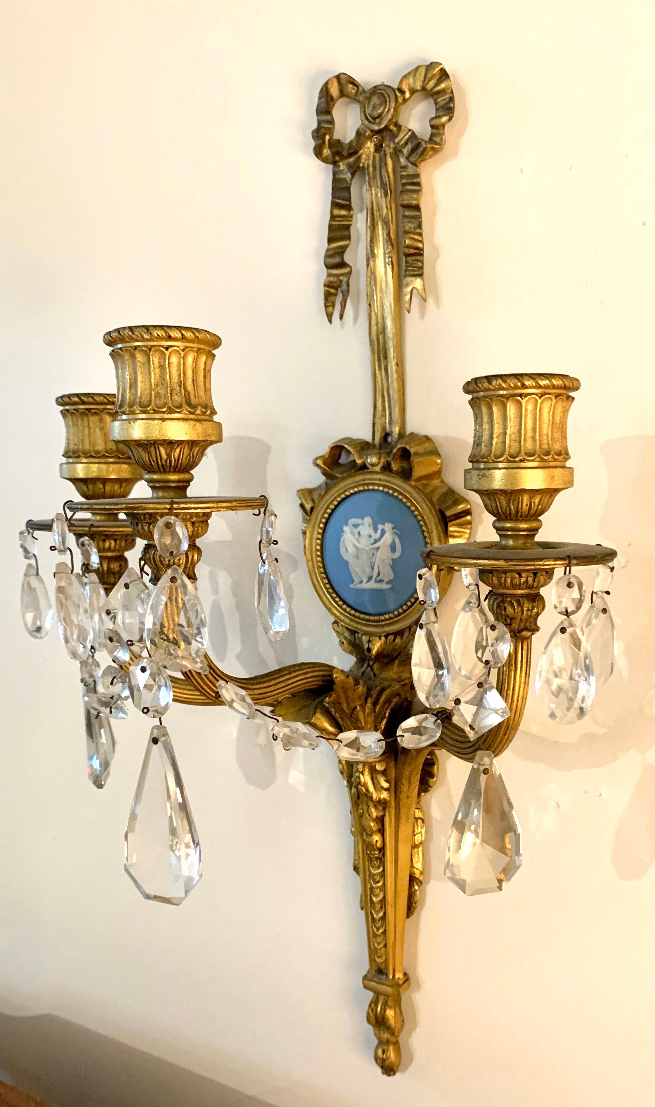 Rare Pair of Caldwell & Company Signed Wedgwood Jasperware & Doré Bronze Sconces 2