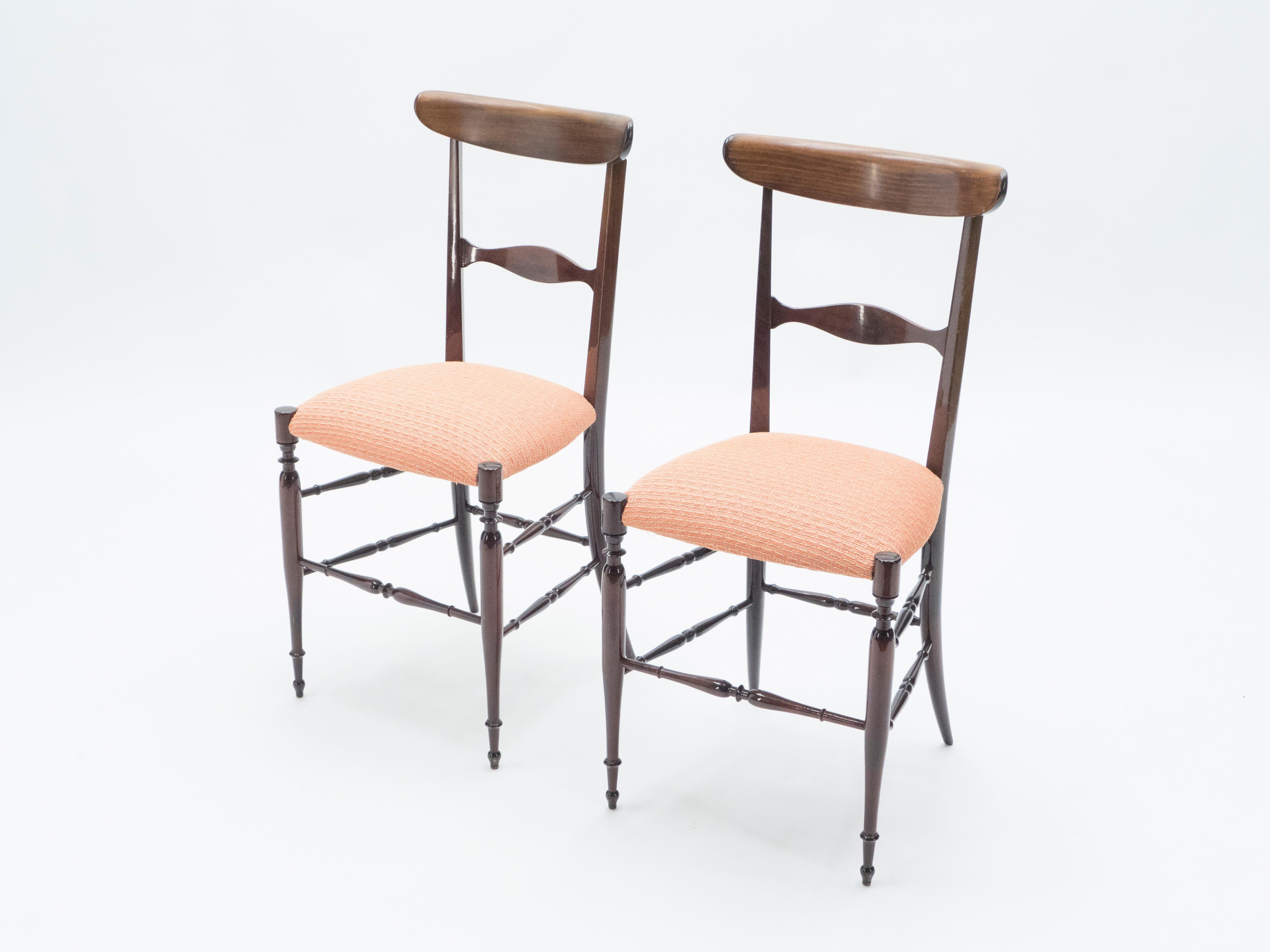 Beautiful pair of Italian chairs in walnut wood, model 
