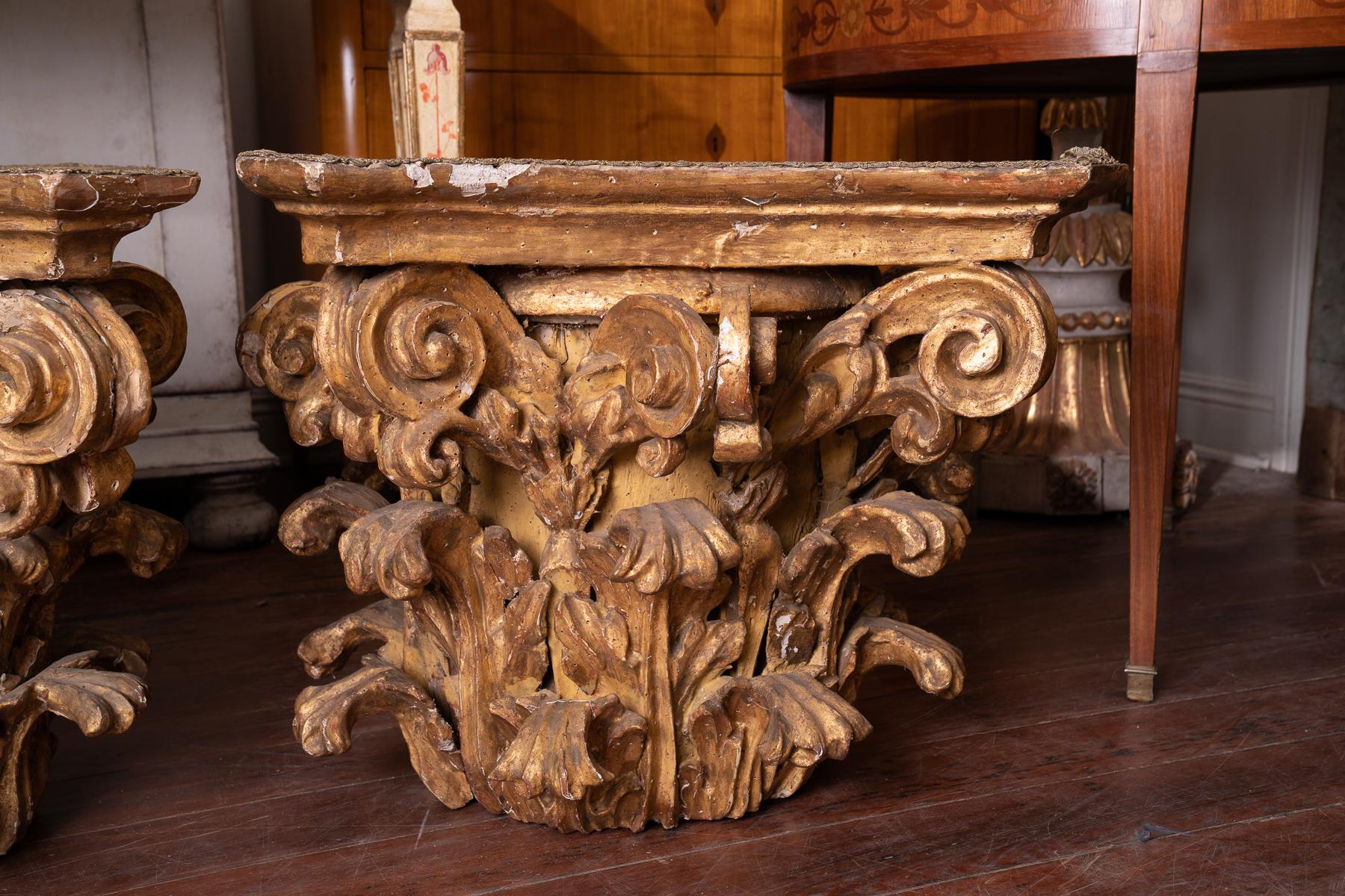French Rare Pair of Carved and Gilded Wooden Capitals