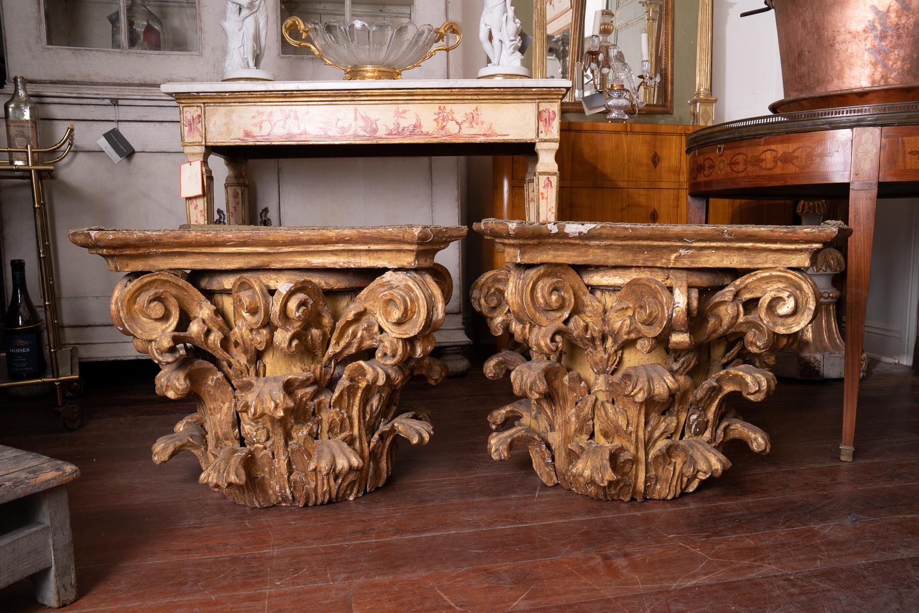 Gilt Rare Pair of Carved and Gilded Wooden Capitals