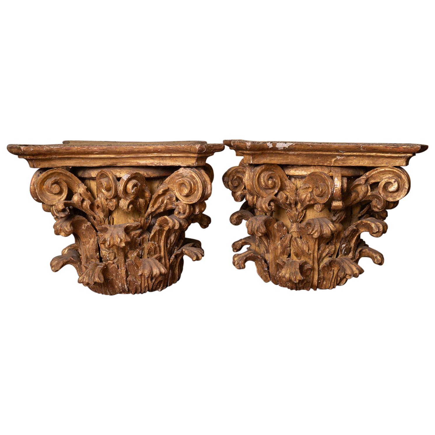 Rare Pair of Carved and Gilded Wooden Capitals