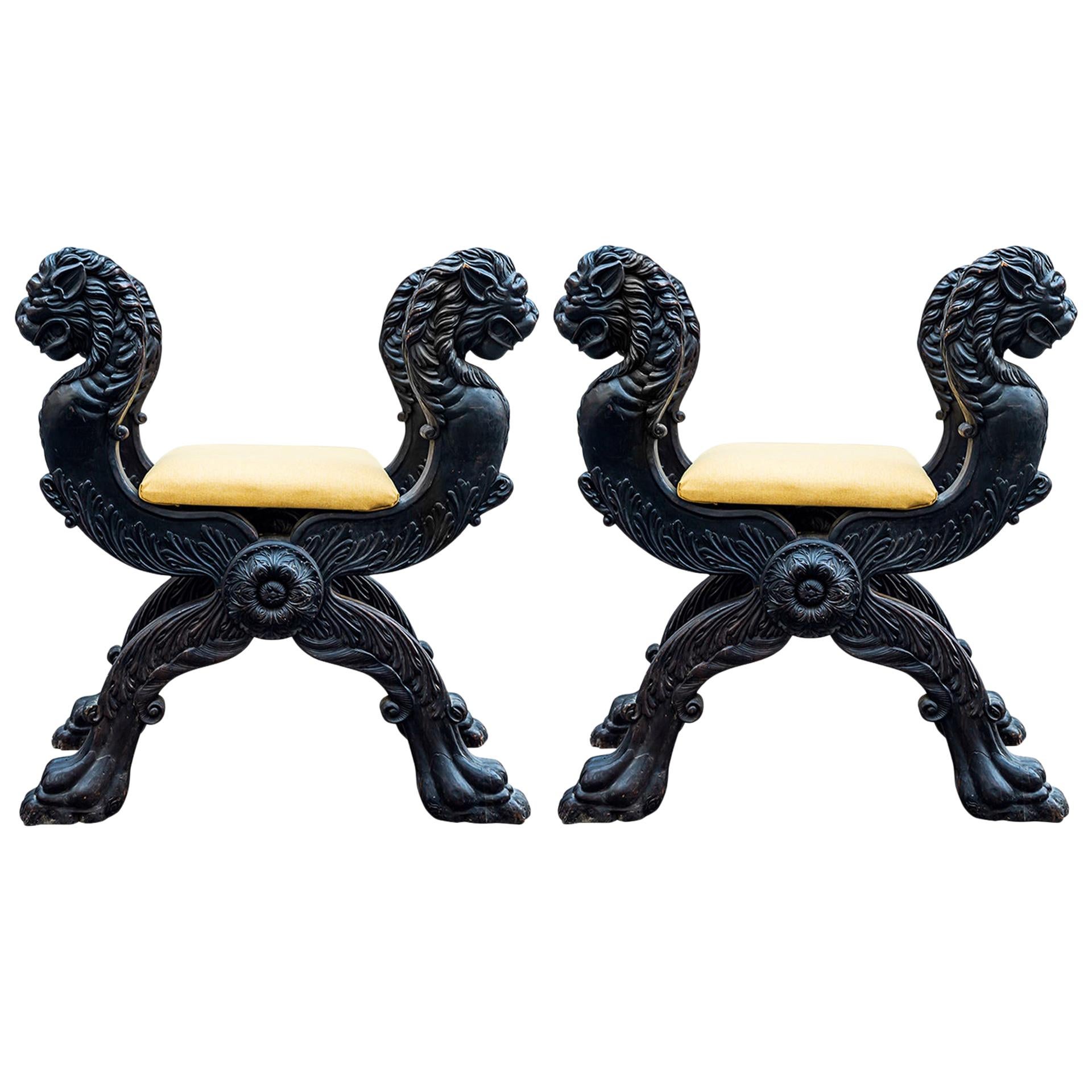 Rare Pair of Castle Curule Seats, France, Late 19th Century