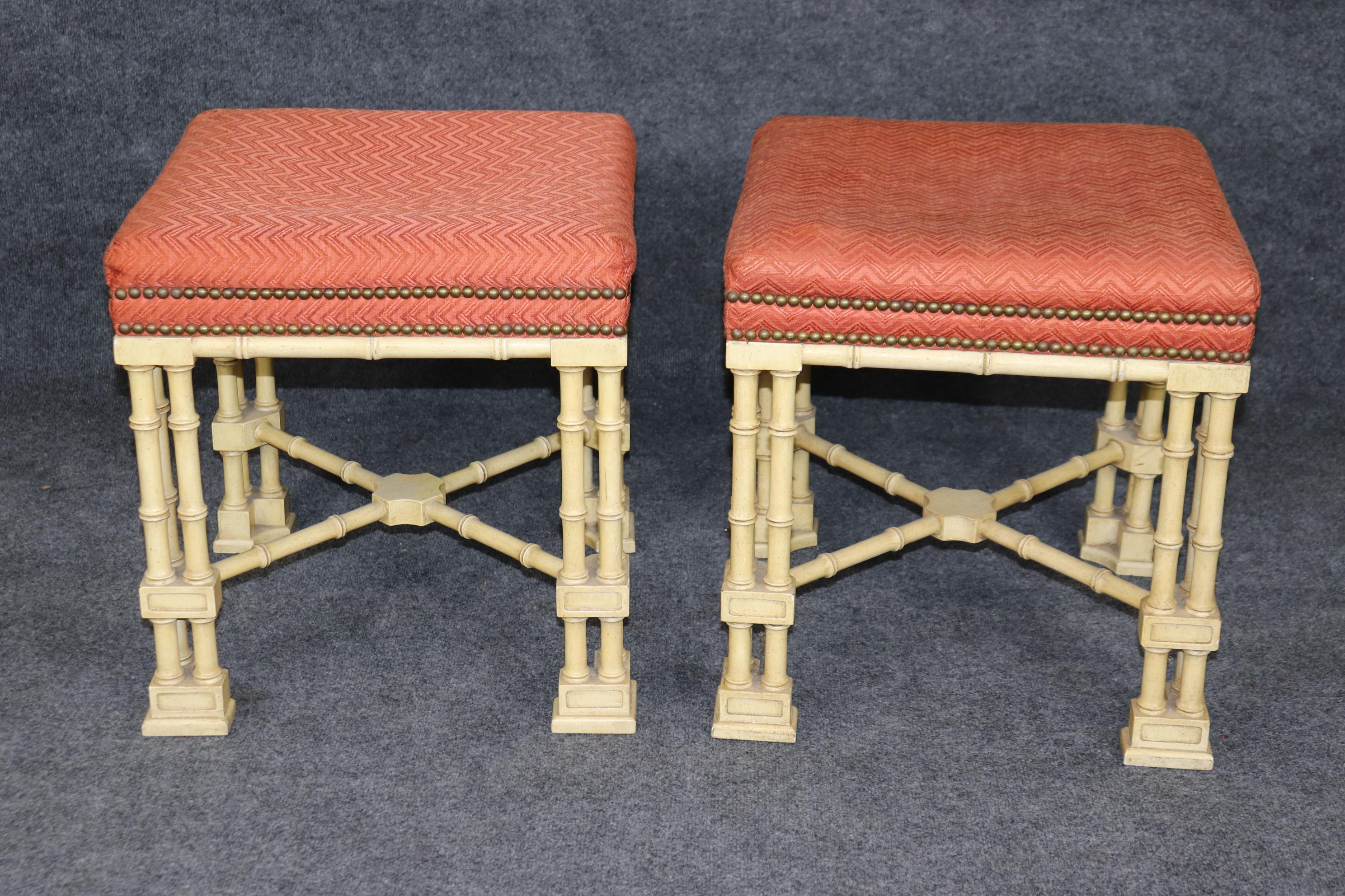 Mid-20th Century Rare Pair of Chinese Chippendale Creme Painted Faux Bamboo Stools