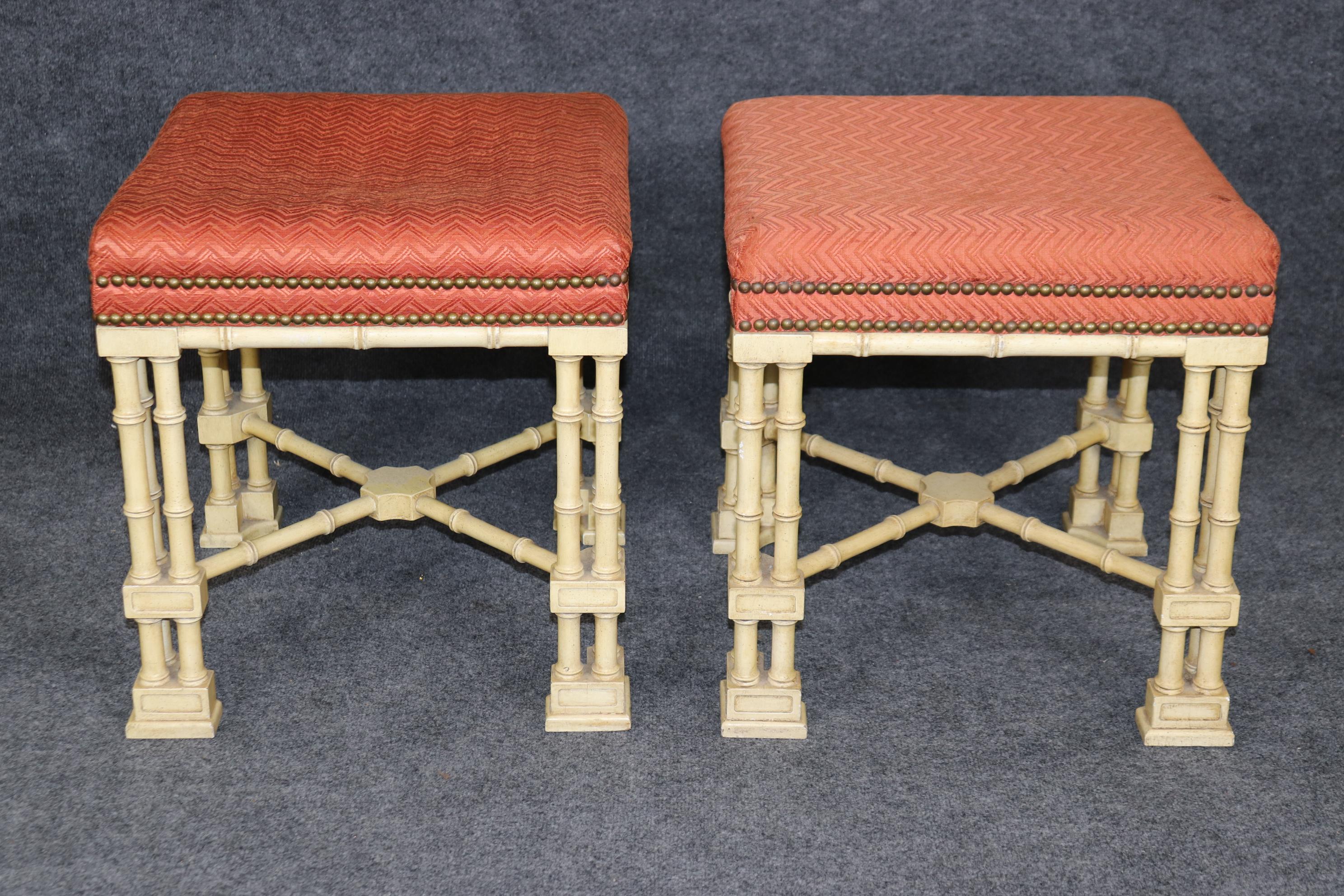 Walnut Rare Pair of Chinese Chippendale Creme Painted Faux Bamboo Stools