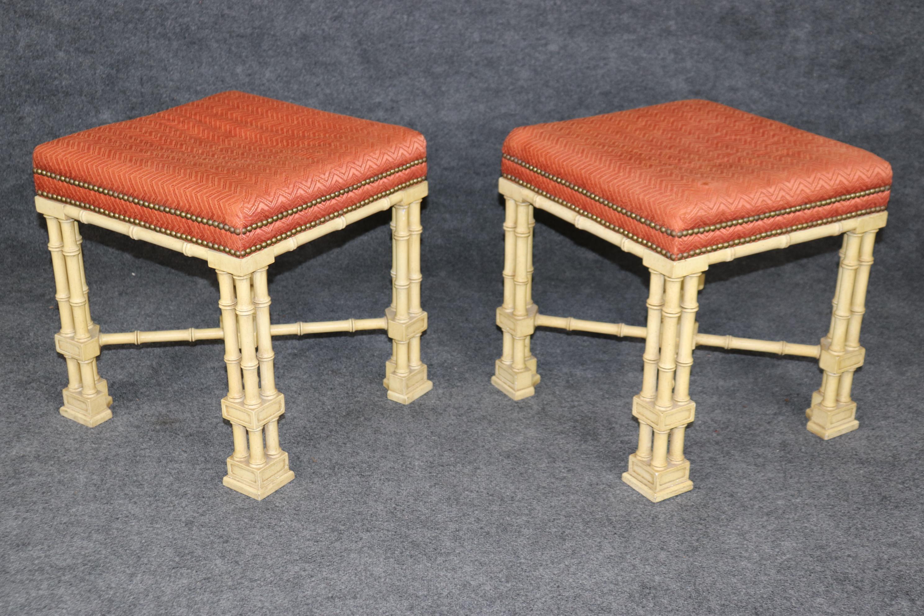 Rare Pair of Chinese Chippendale Creme Painted Faux Bamboo Stools 1