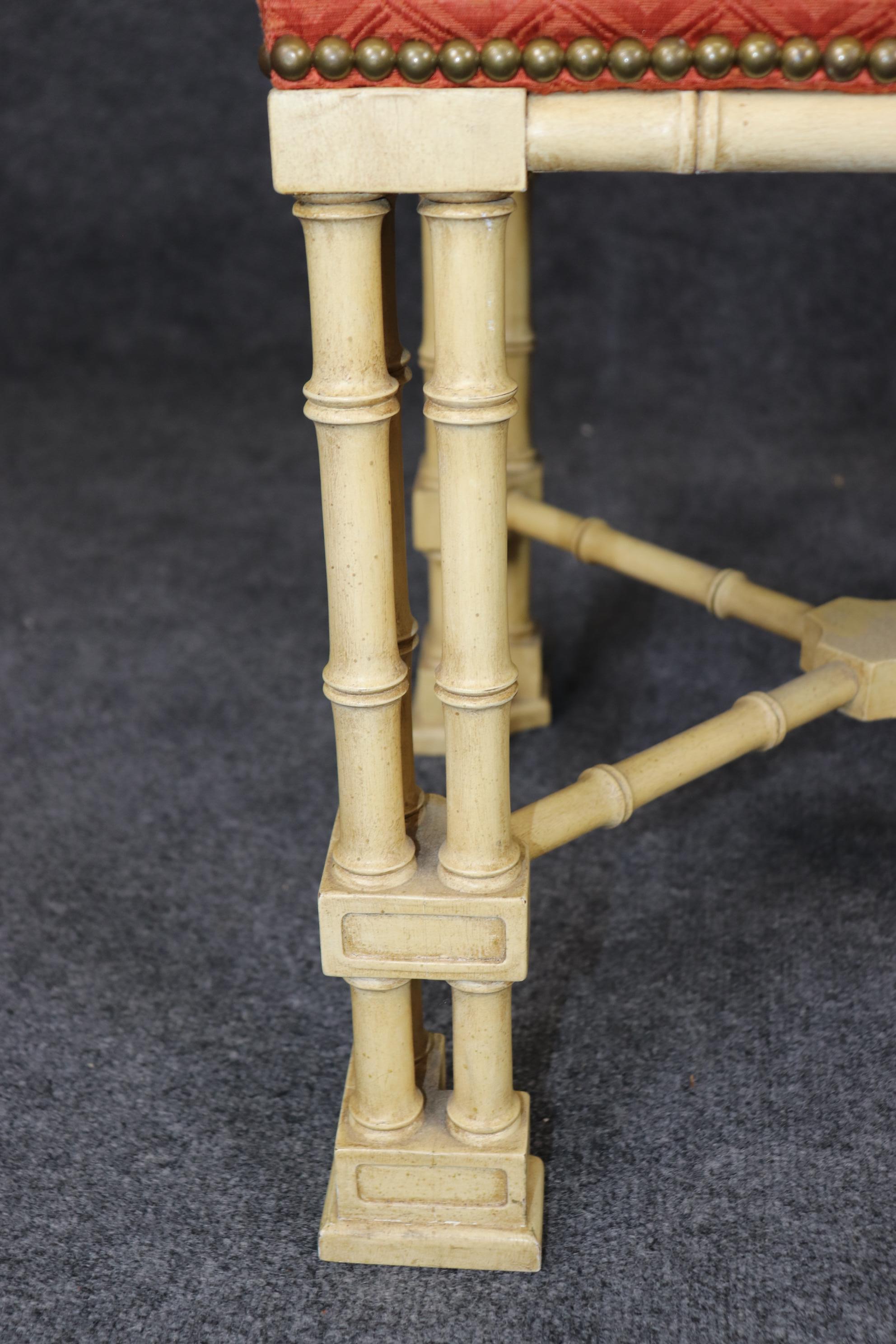 Rare Pair of Chinese Chippendale Creme Painted Faux Bamboo Stools 3