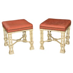 Rare Pair of Chinese Chippendale Creme Painted Faux Bamboo Stools