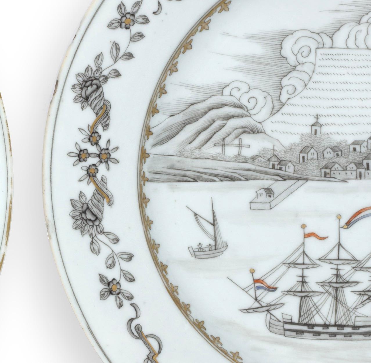 Enameled Rare Pair of Chinese Export Porcelain 'Table Bay' or 'Cape of Good Hope' Plates For Sale