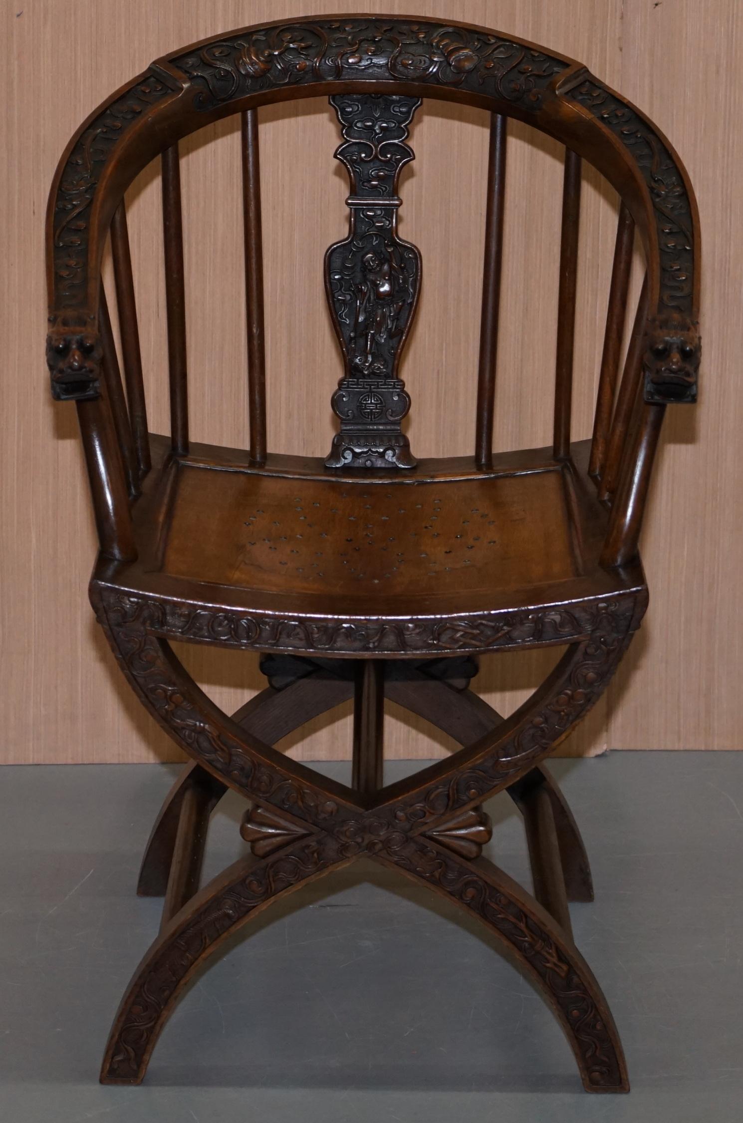 Rare Pair of circa 1900 Anglo Chinese Hand Carved Savonarola Armchairs Dragons For Sale 7