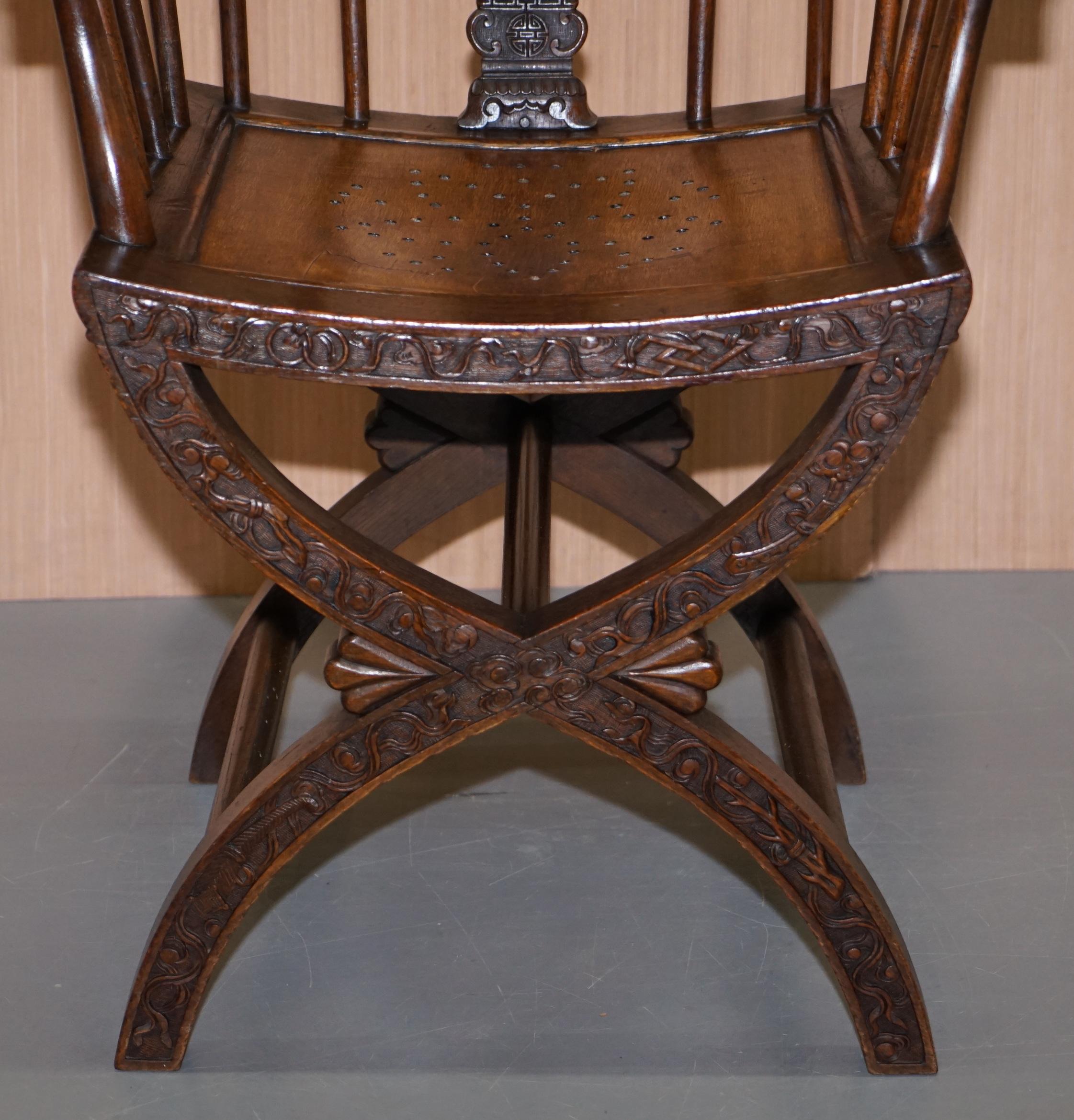 Rare Pair of circa 1900 Anglo Chinese Hand Carved Savonarola Armchairs Dragons For Sale 12