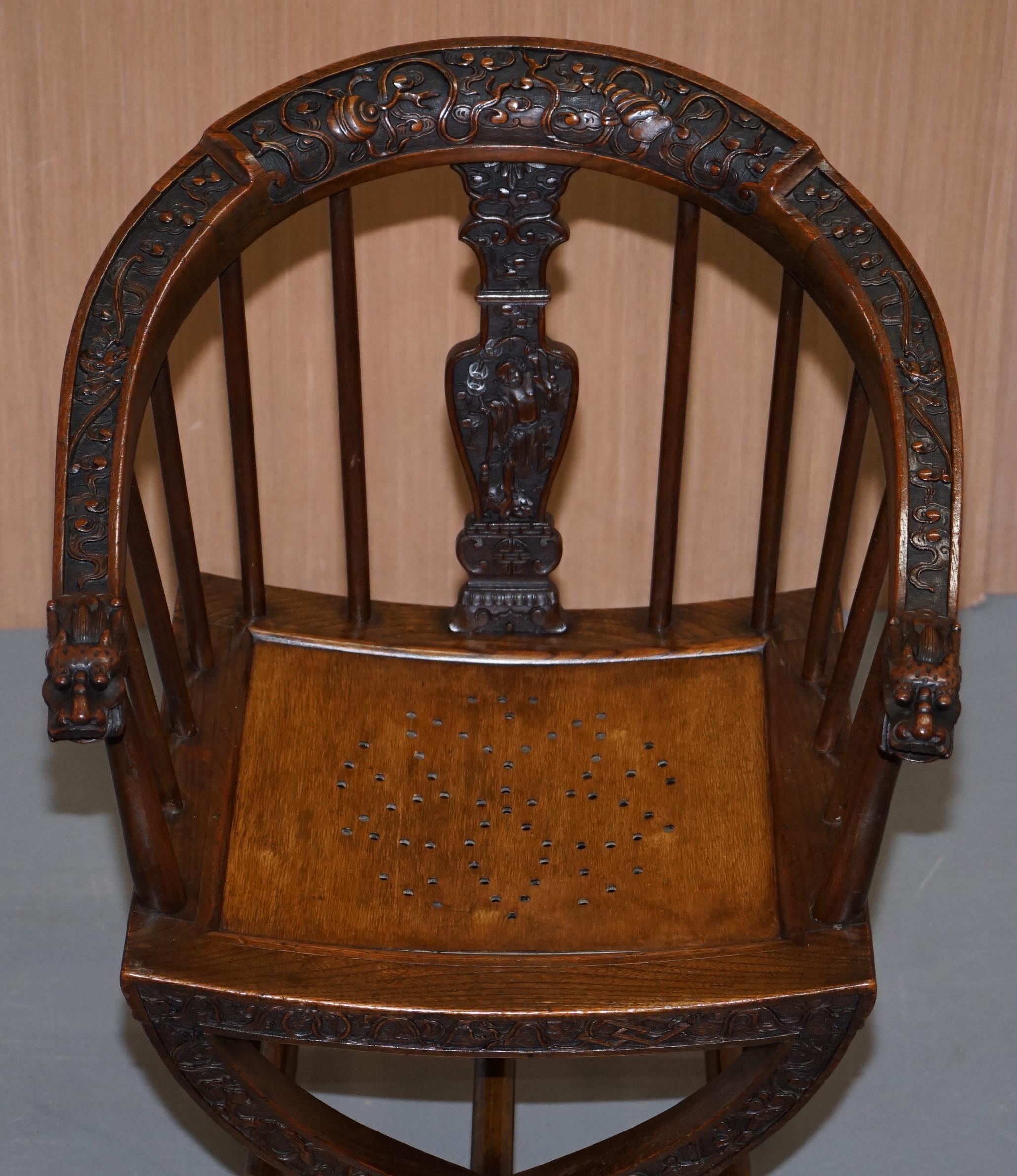 Anglo-Japanese Rare Pair of circa 1900 Anglo Chinese Hand Carved Savonarola Armchairs Dragons For Sale