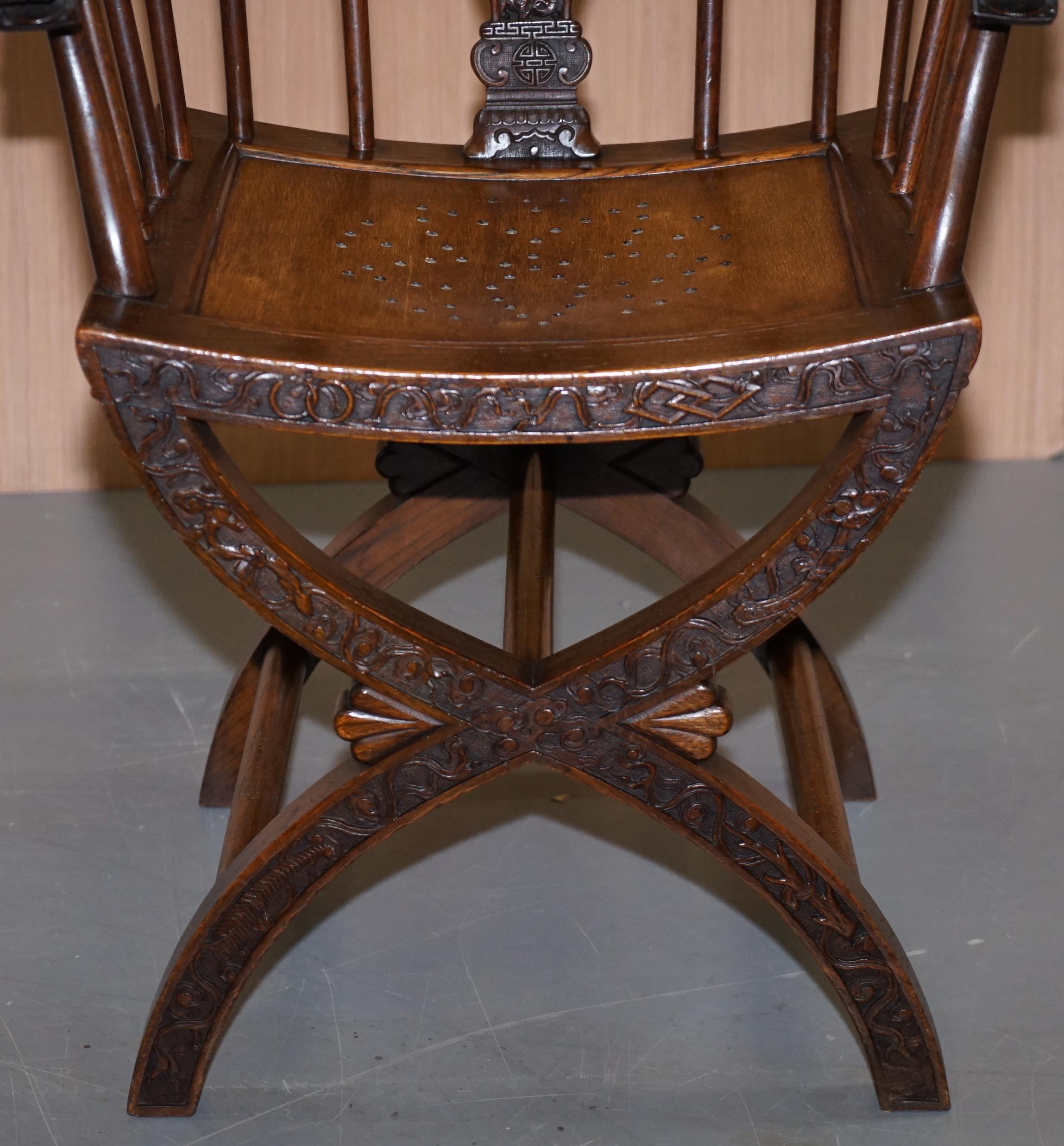 Rare Pair of circa 1900 Anglo Chinese Hand Carved Savonarola Armchairs Dragons For Sale 2