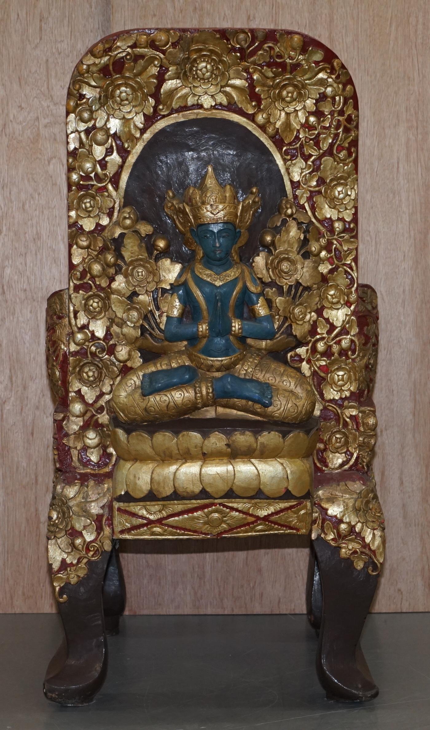 Rare Pair of circa 1900 Tibetan Ceremonial Chairs Nyingma Buddha Carved in Backs For Sale 3