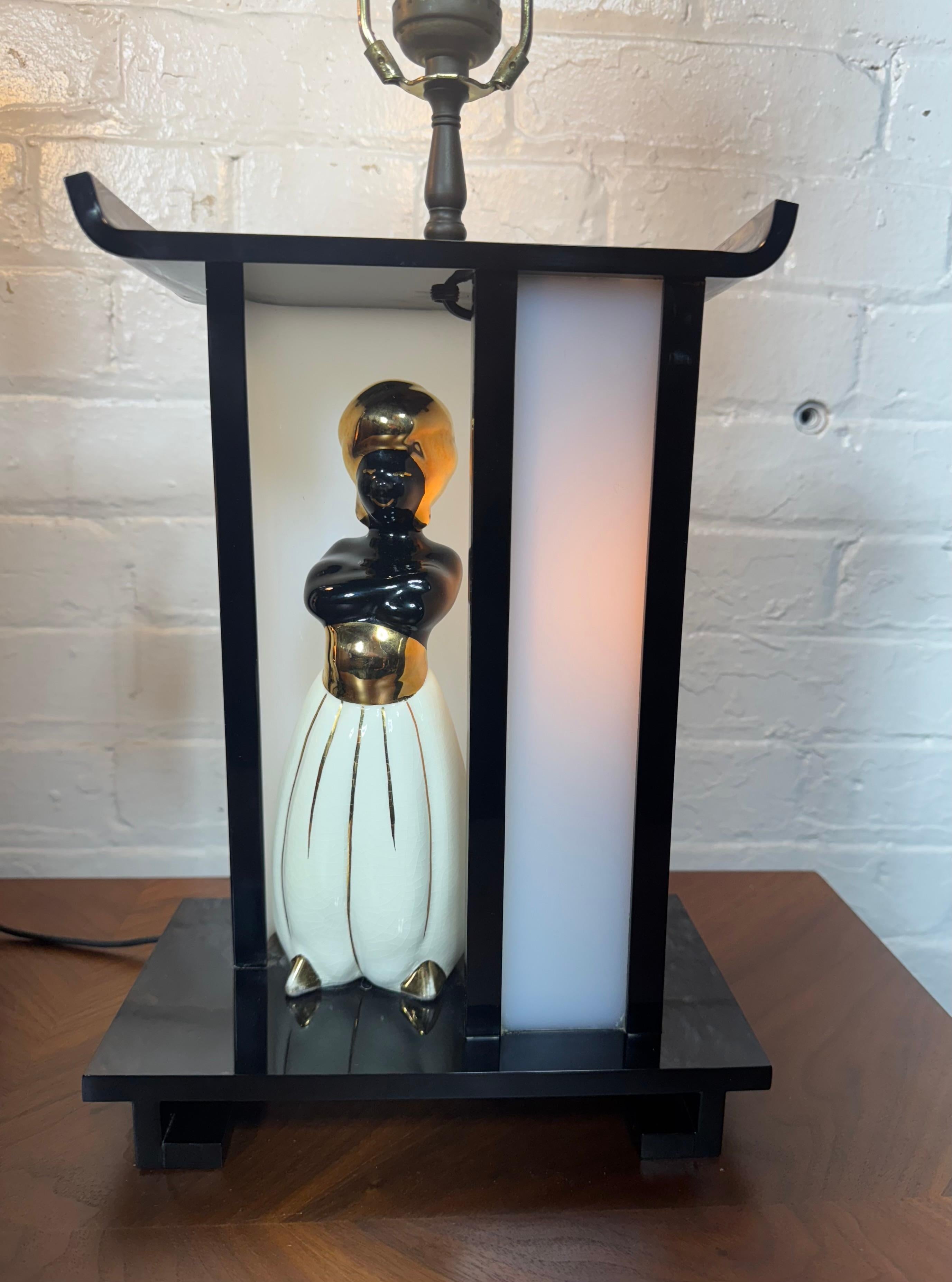 Raro par de lámparas clásicas de mediados de siglo en acrílico y lucite, figuras nubias y árabes. Gran conjunto.. Muy buen estado original, sin desconchones, roturas, etc.  Probado y todo el sistema eléctrico funciona perfectamente.. Arte ,