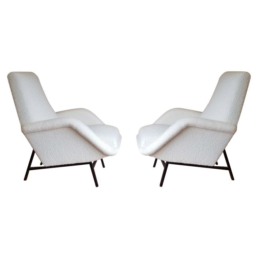 Rare Pair of Creme Bouclette Guy Besnard Armchairs, France, 1950s For Sale