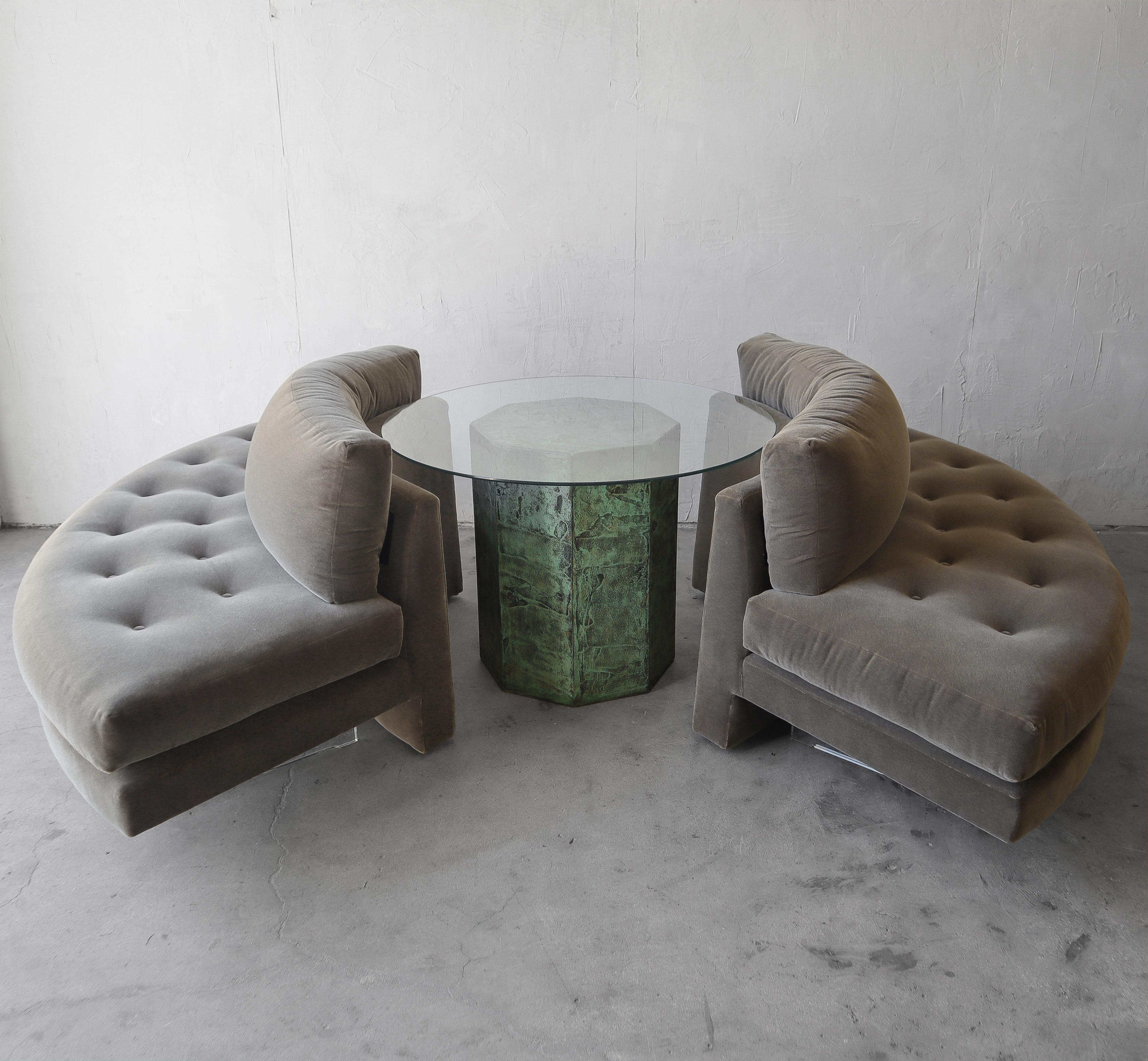 These curved Omnibus Sofas by Vladimir Kagan are RARELY seen and we just happen to have a pair.  A gorgeous duet, each with 3 lucite support legs and gorgeous Joseph Noble Mohair.  They would look amazing in the center of any space.  No matter how