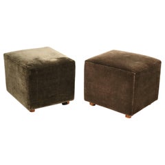 Rare Pair of Custom-Made Nearly Square Box Form Wool Mohair Stools Poofs