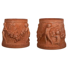 Rare Pair of Cylinder Vases with Putti Terracotta Impruneta end 20th Century