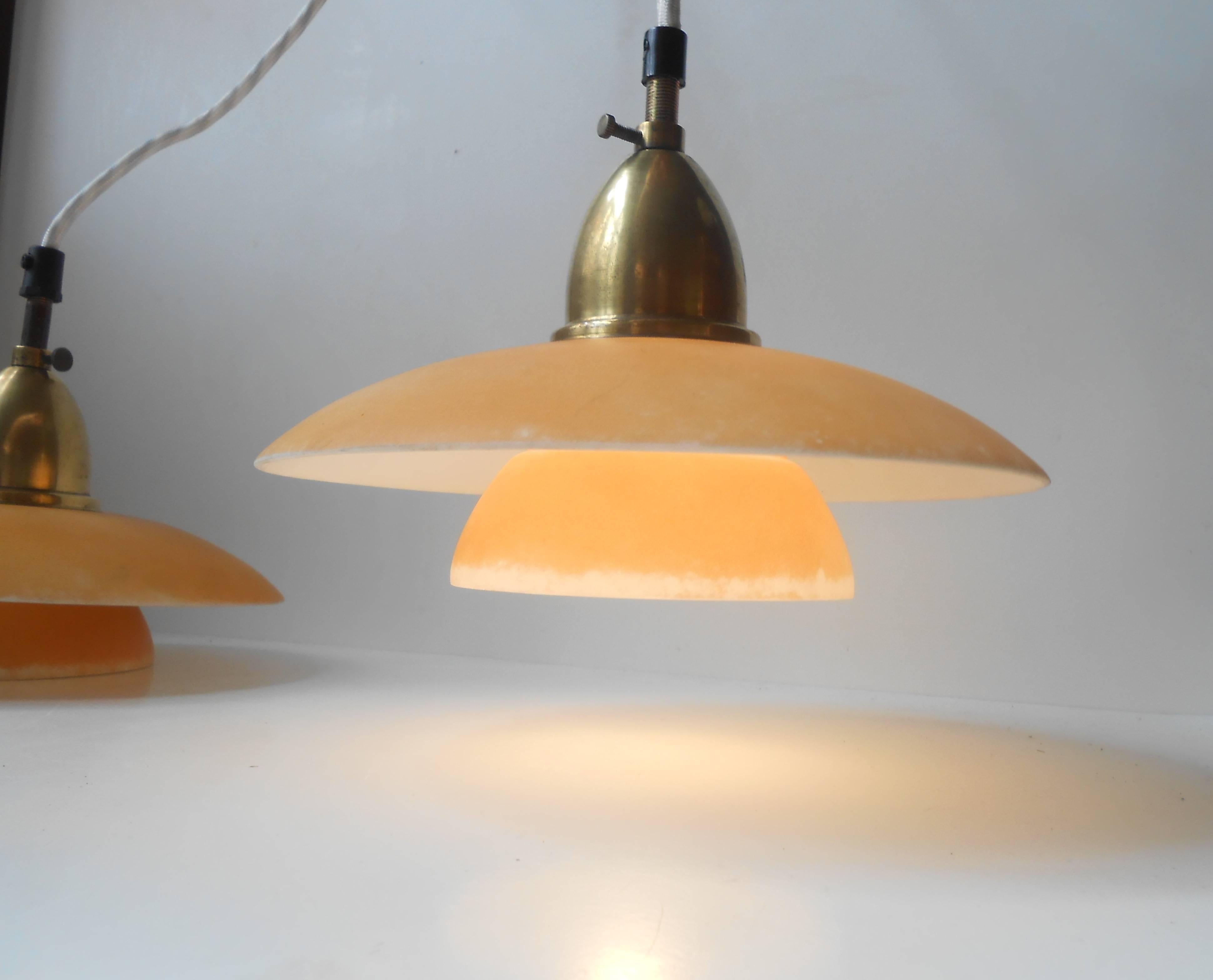 Brass Rare Pair of Danish Functionalist Pendant Lights by Lyfa, 1930s