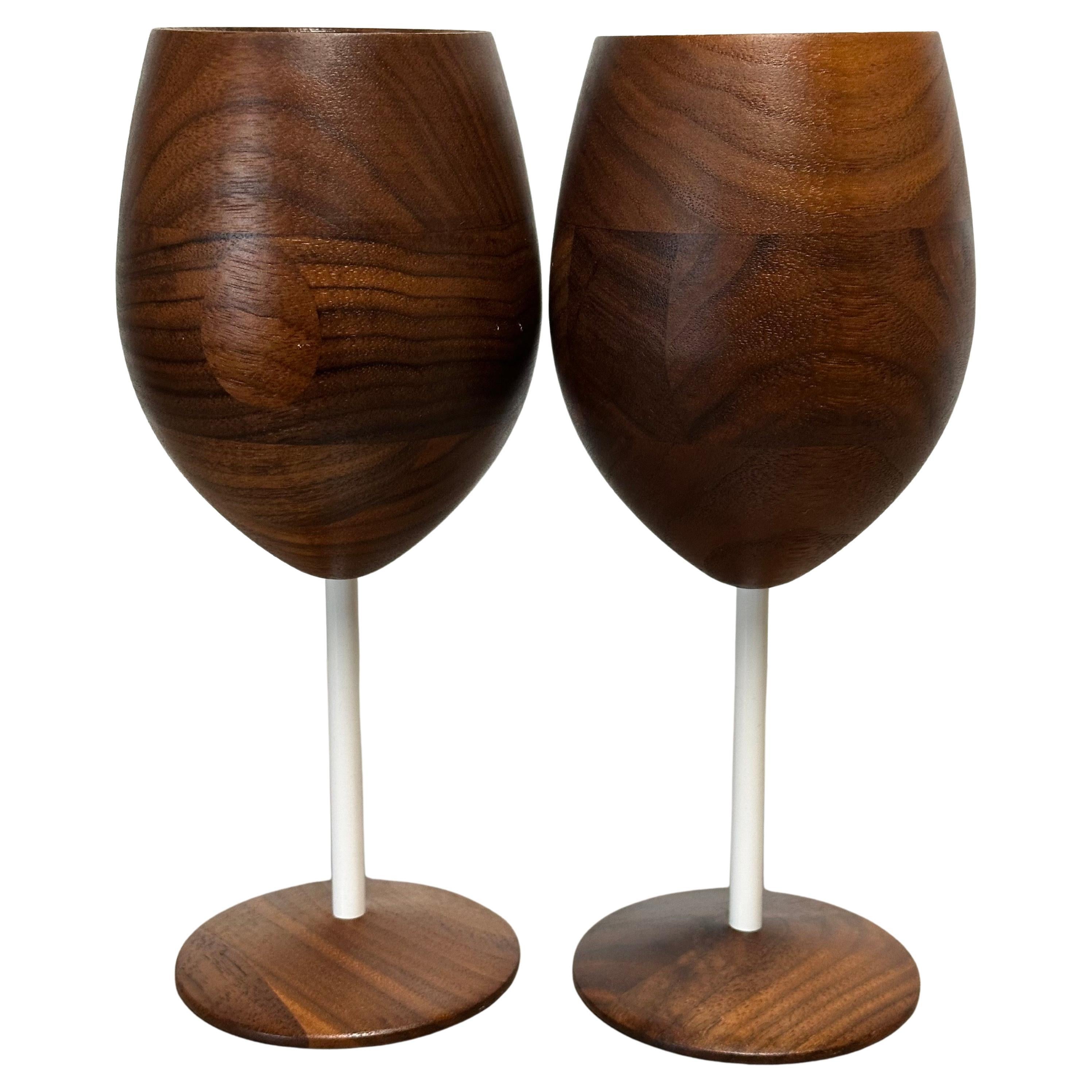 Rare Pair of David Rasmussen Walnut Wine Goblets from the 