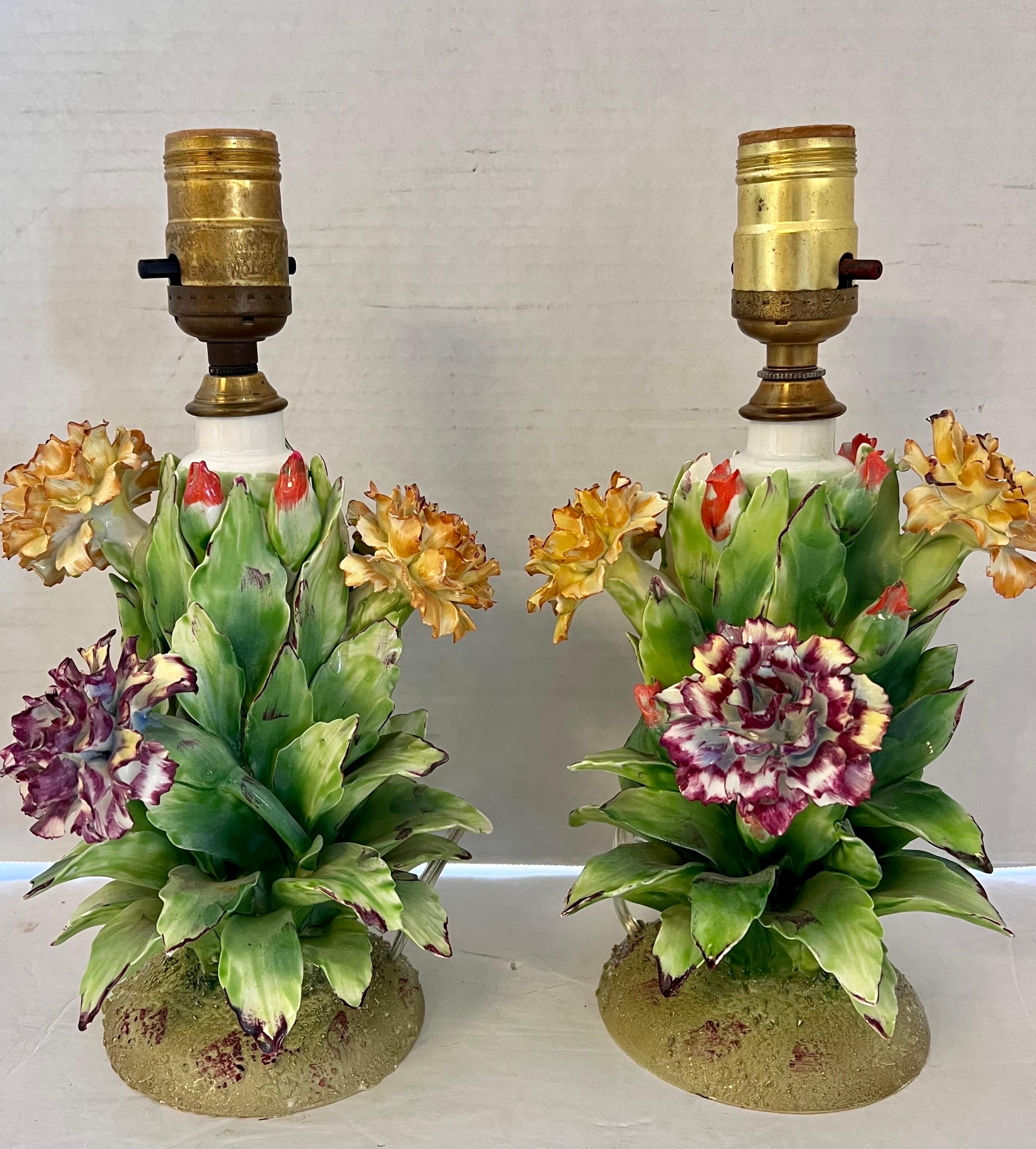 Rare Pair of Diminutive Capodimonte Porcelain Floral Bedside Table Lamps In Good Condition In West Hartford, CT