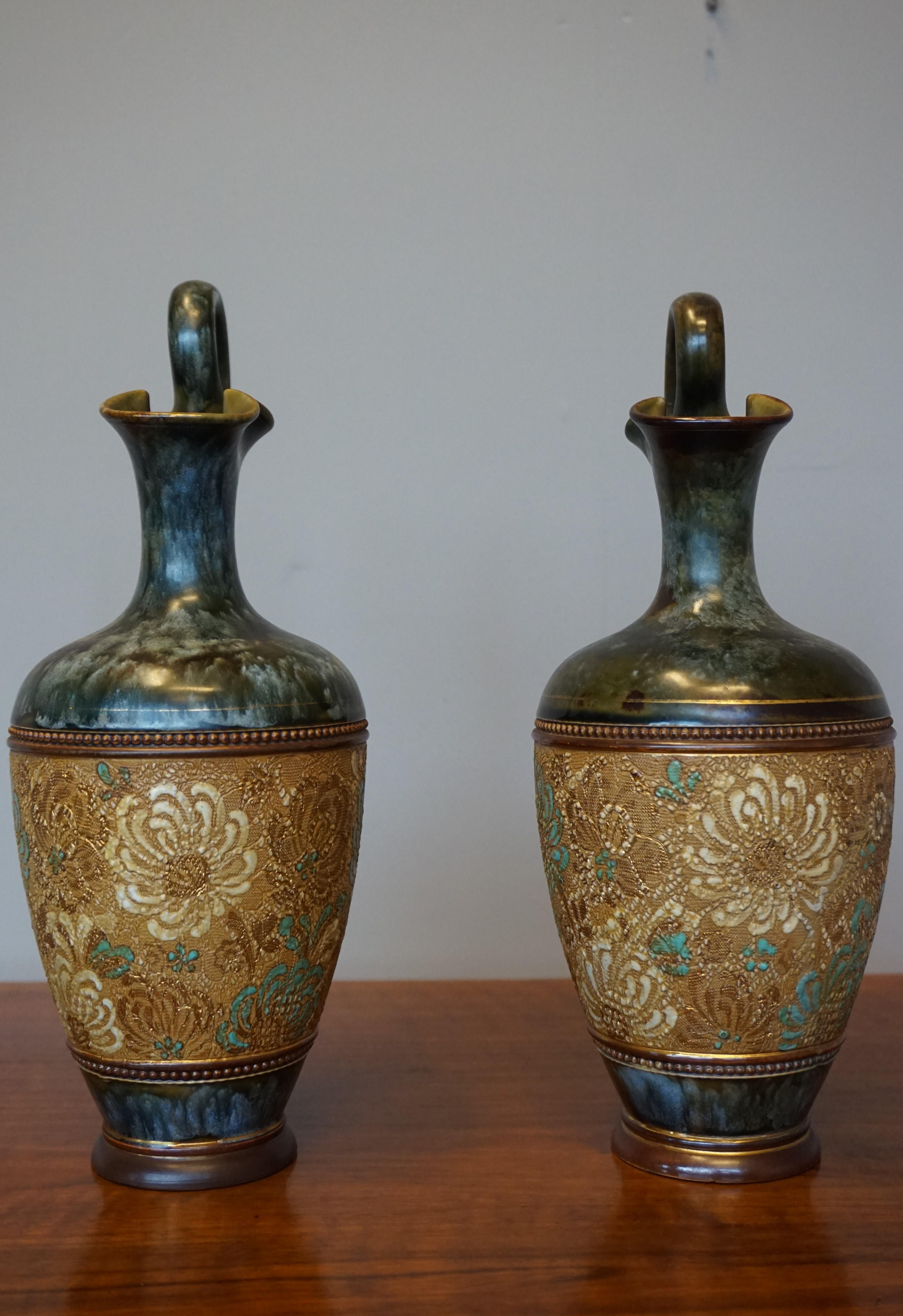 Rare Pair of Doulton Lambeth Vases with Striking Golden & Enameled Flower Decor For Sale 4