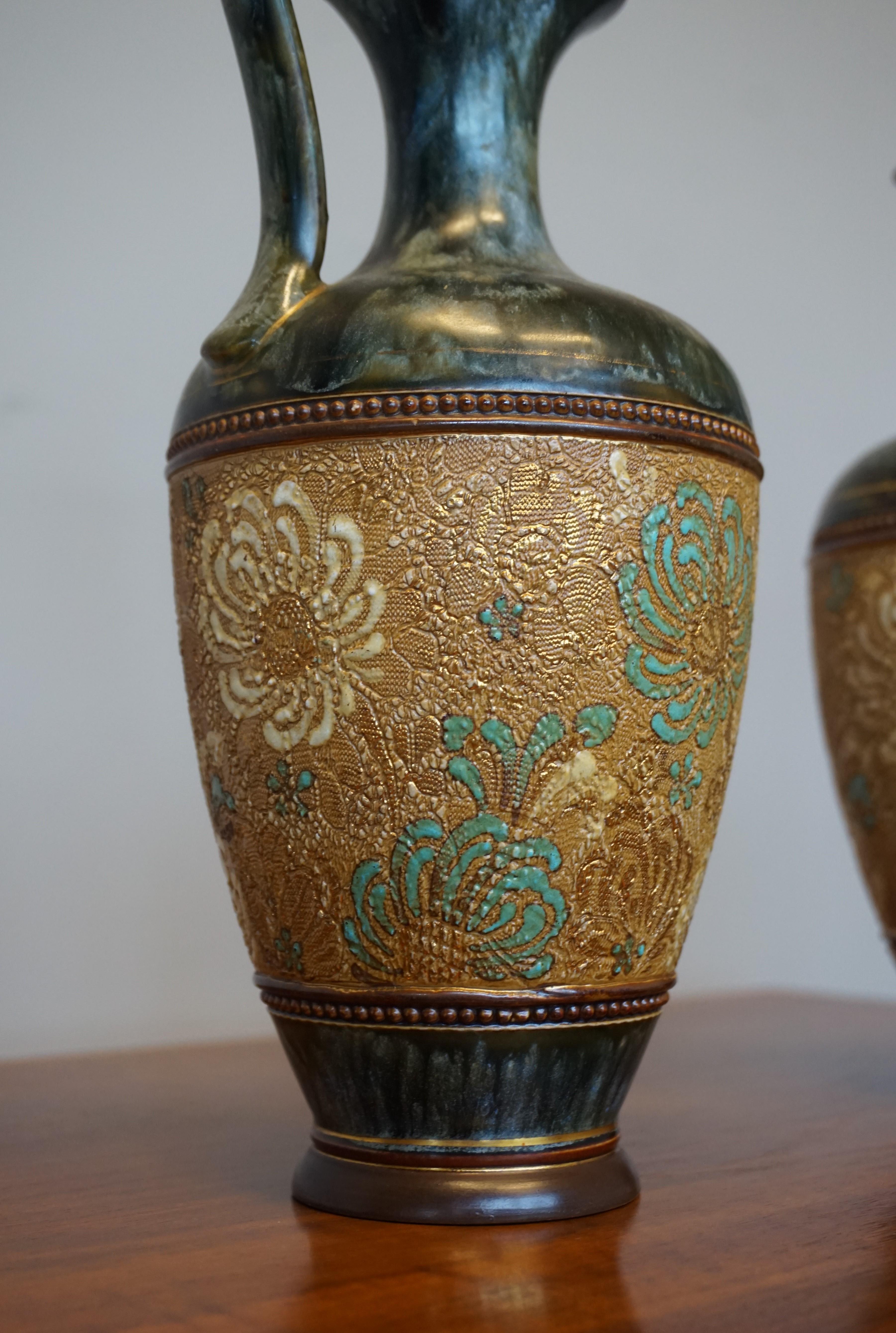 Rare Pair of Doulton Lambeth Vases with Striking Golden & Enameled Flower Decor For Sale 5