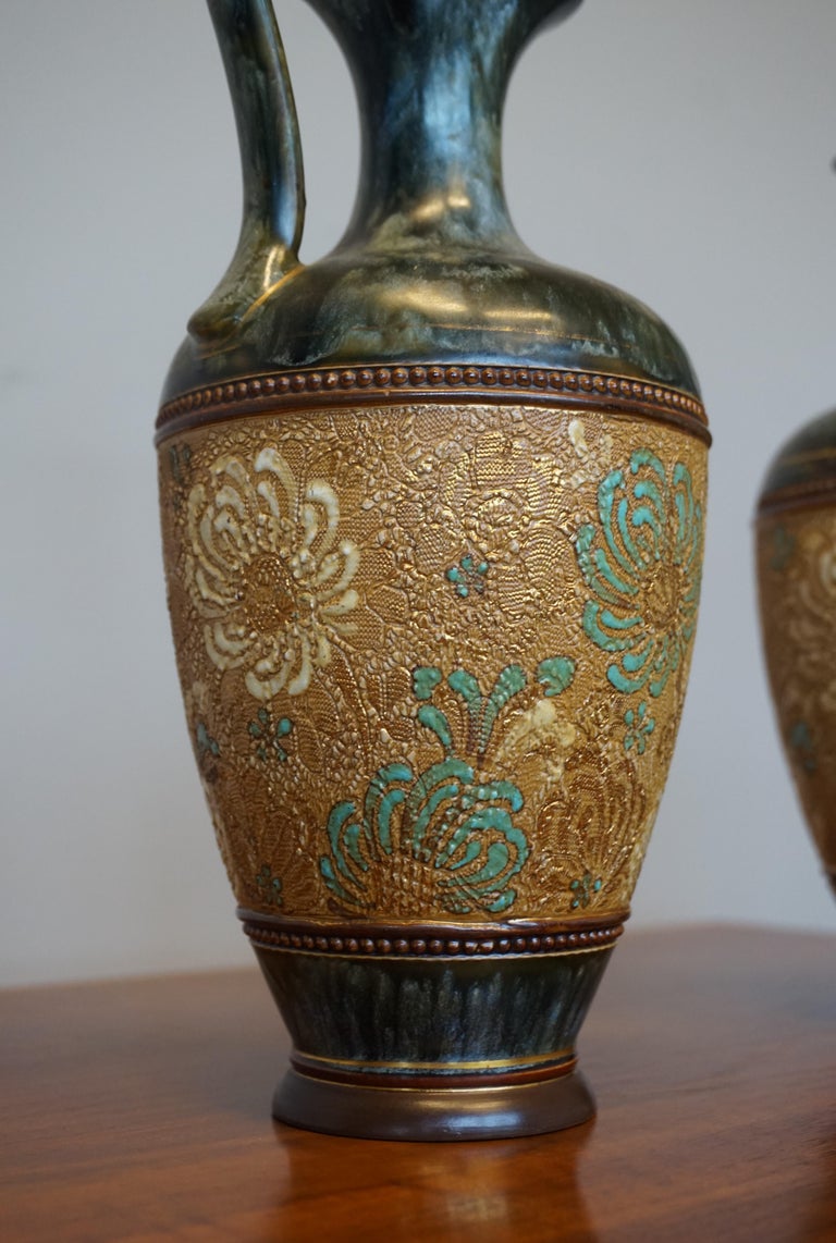 Rare Pair of Doulton Lambeth Vases with Striking Golden and Enameled