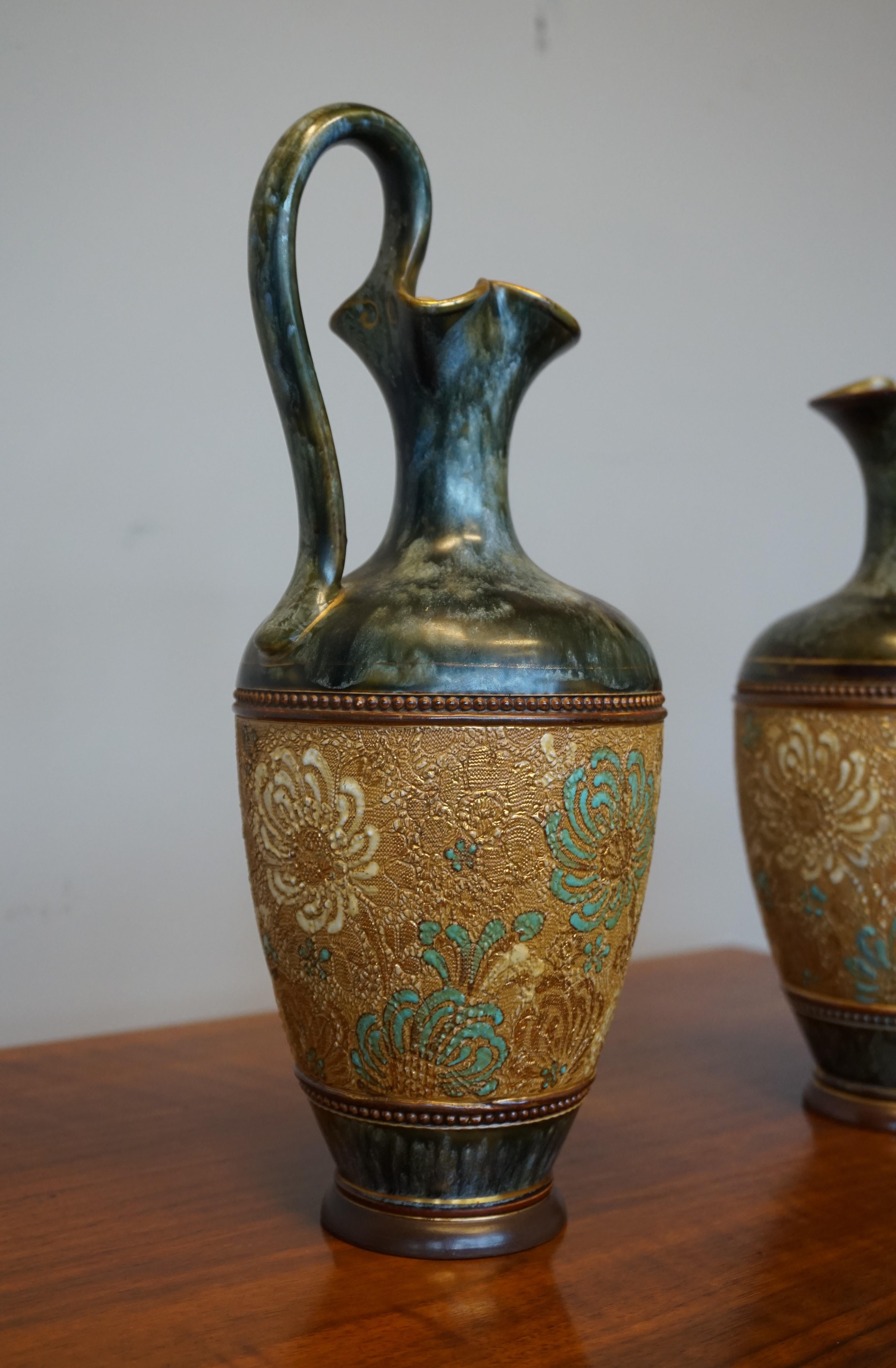 Rare Pair of Doulton Lambeth Vases with Striking Golden & Enameled Flower Decor For Sale 6