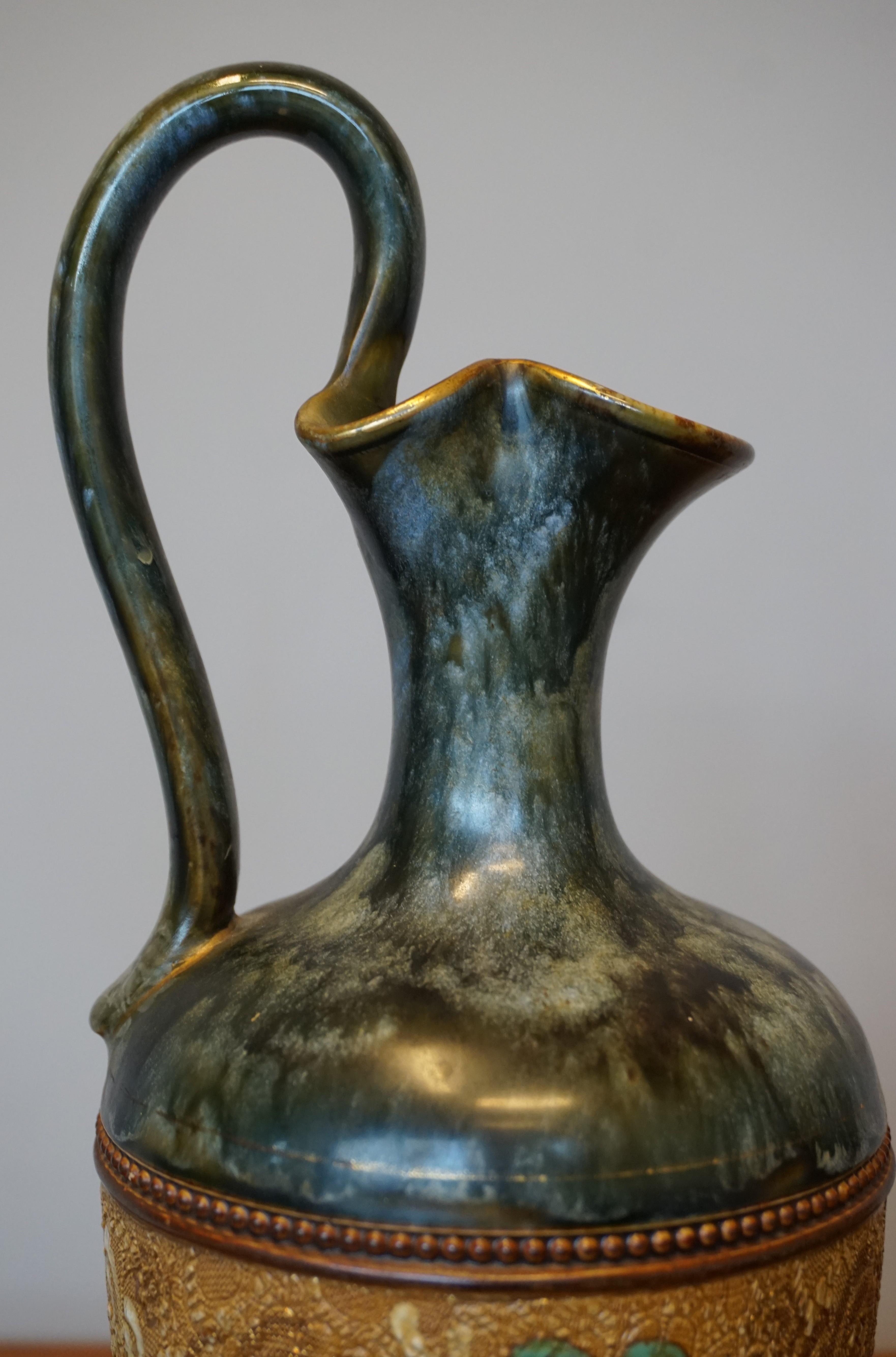 Rare Pair of Doulton Lambeth Vases with Striking Golden & Enameled Flower Decor For Sale 7