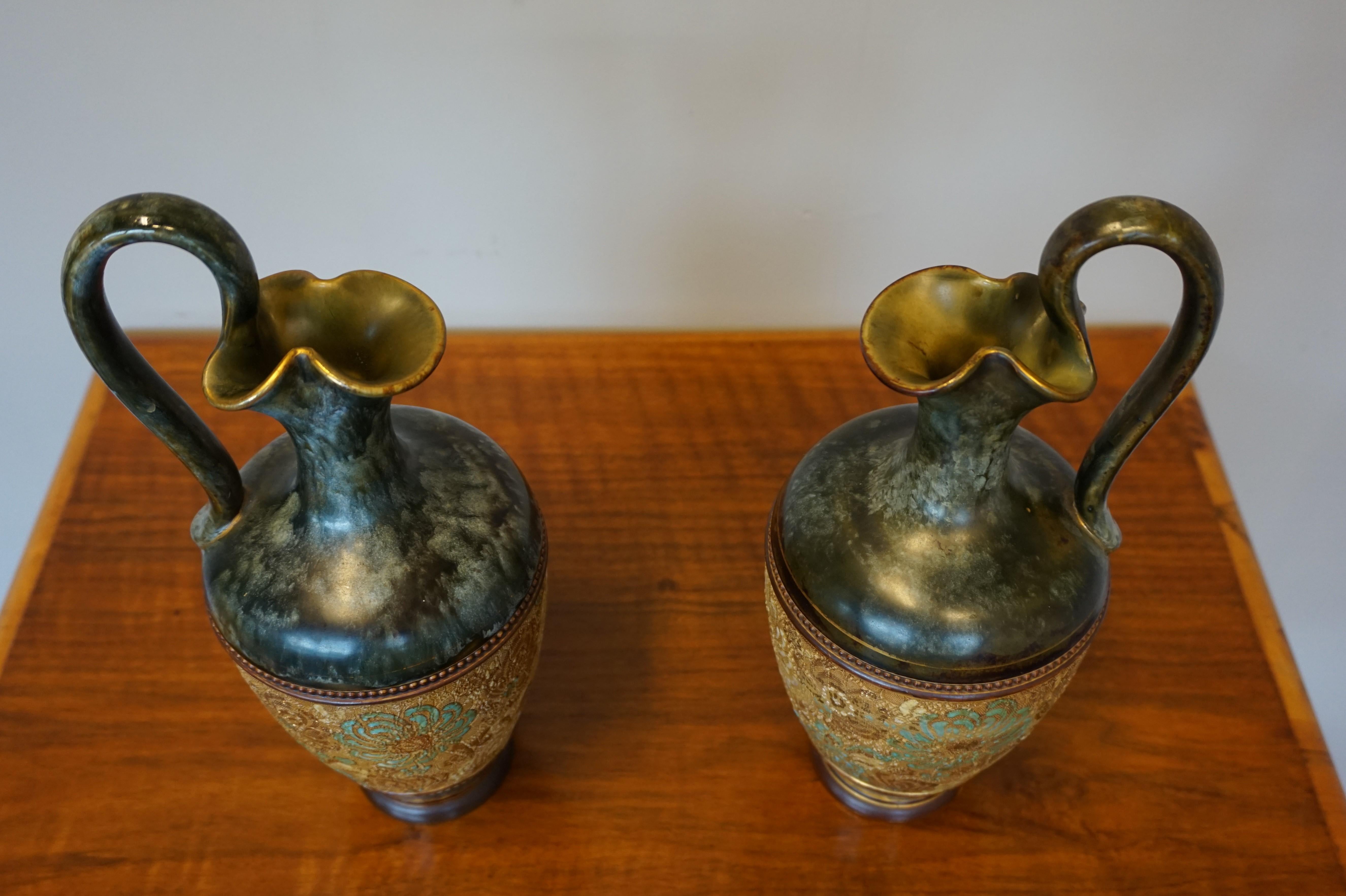 Rare Pair of Doulton Lambeth Vases with Striking Golden & Enameled Flower Decor For Sale 8
