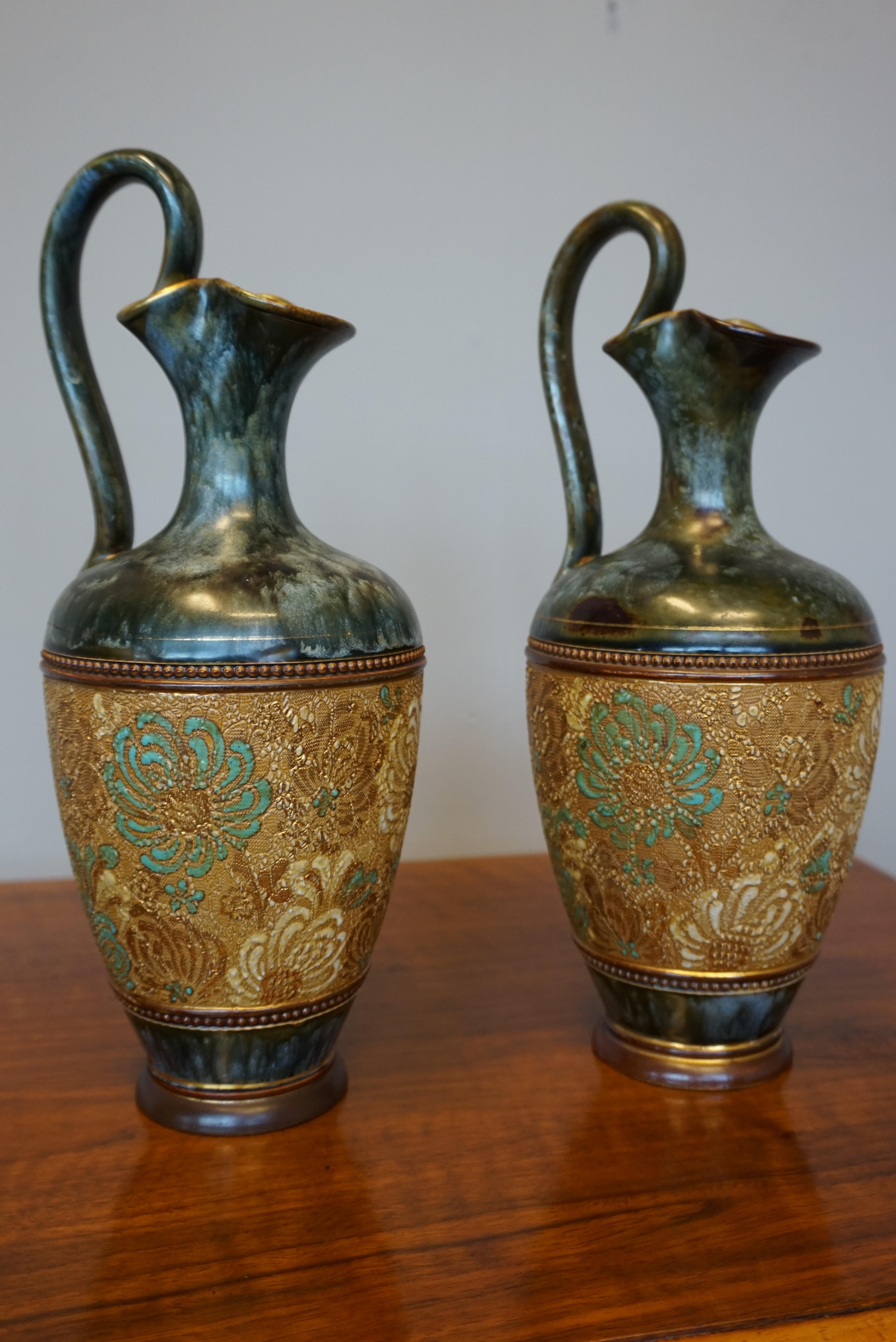 Arts and Crafts Rare Pair of Doulton Lambeth Vases with Striking Golden & Enameled Flower Decor For Sale