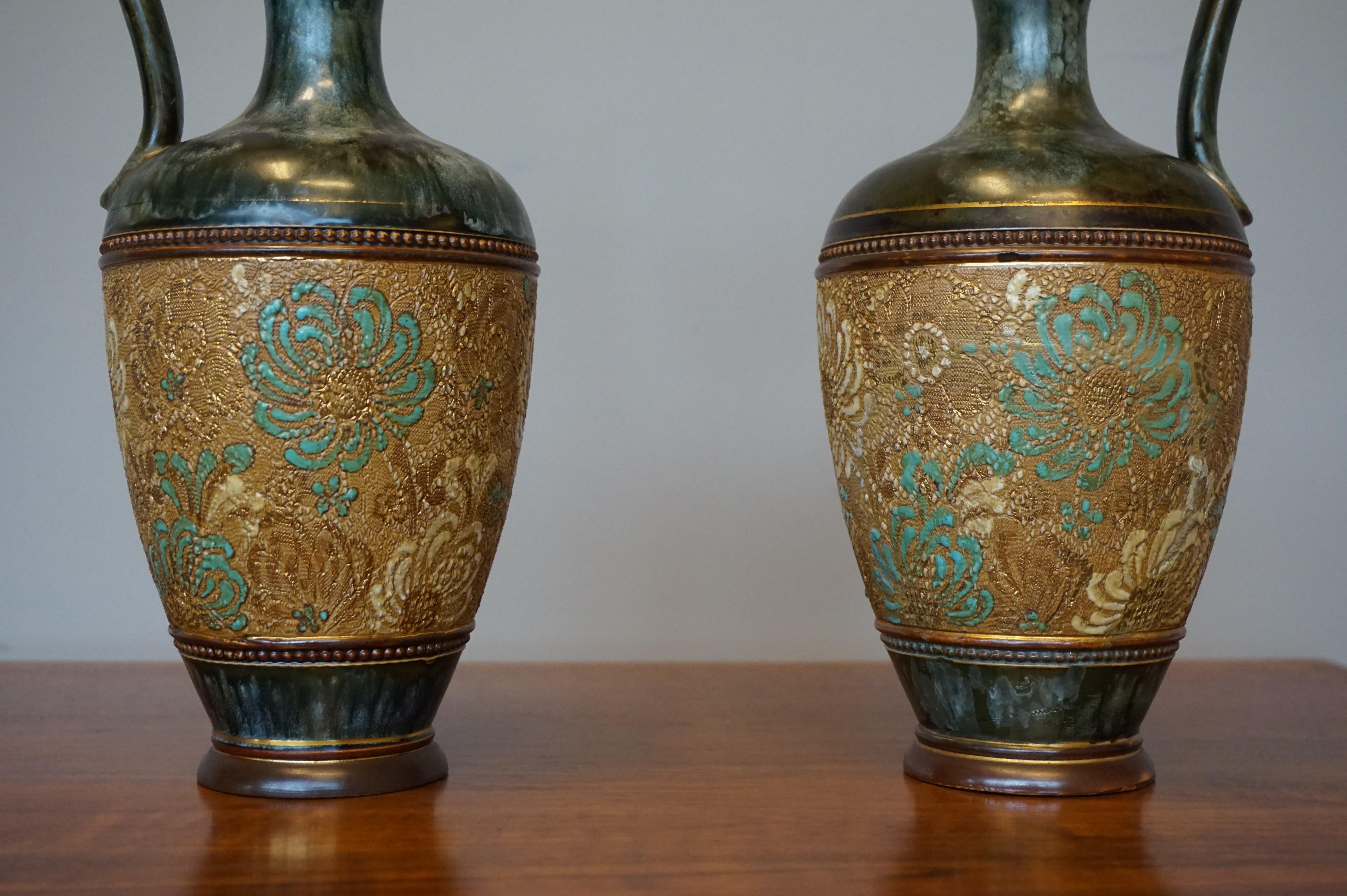 English Rare Pair of Doulton Lambeth Vases with Striking Golden & Enameled Flower Decor For Sale