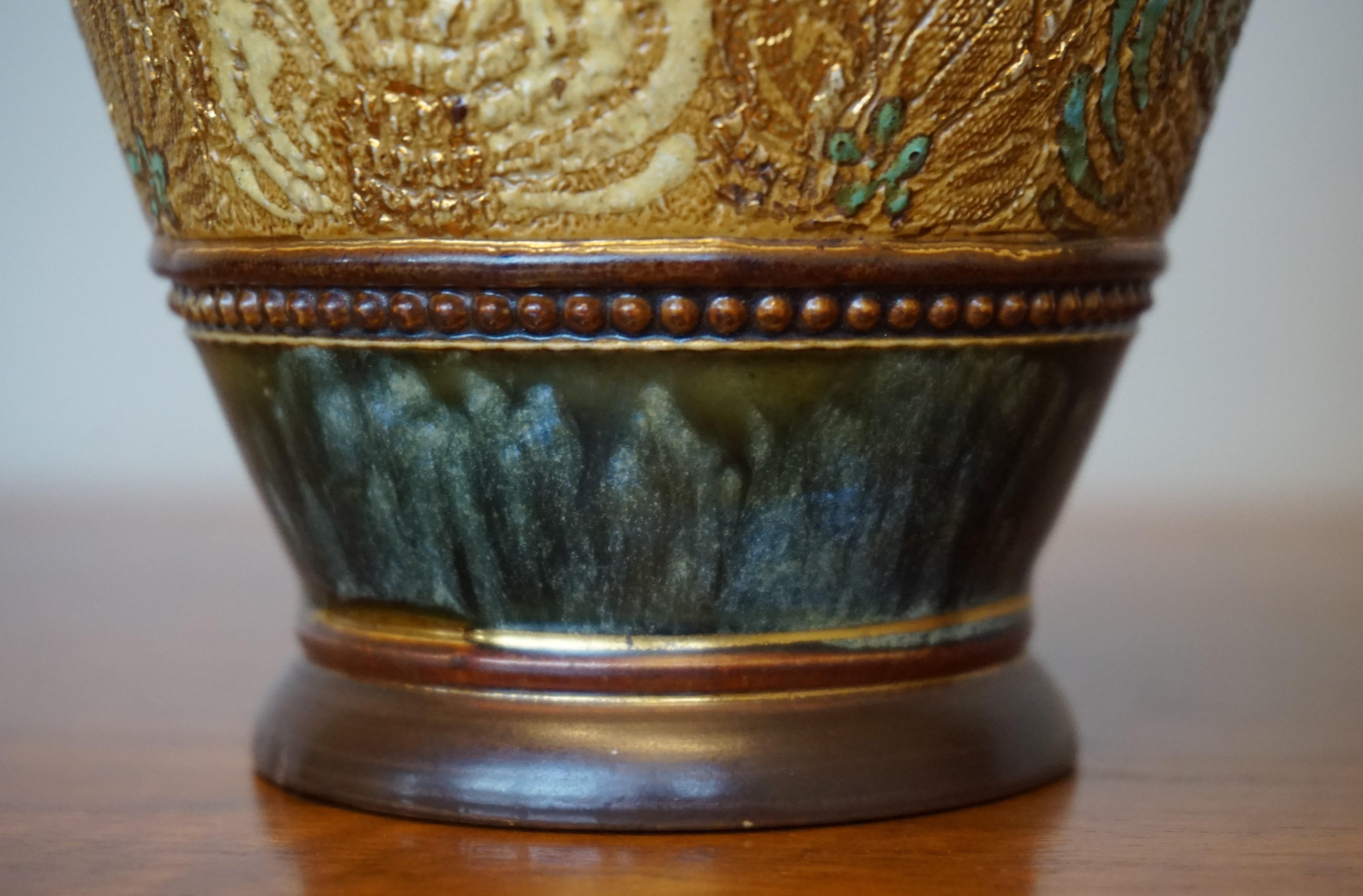 20th Century Rare Pair of Doulton Lambeth Vases with Striking Golden & Enameled Flower Decor For Sale