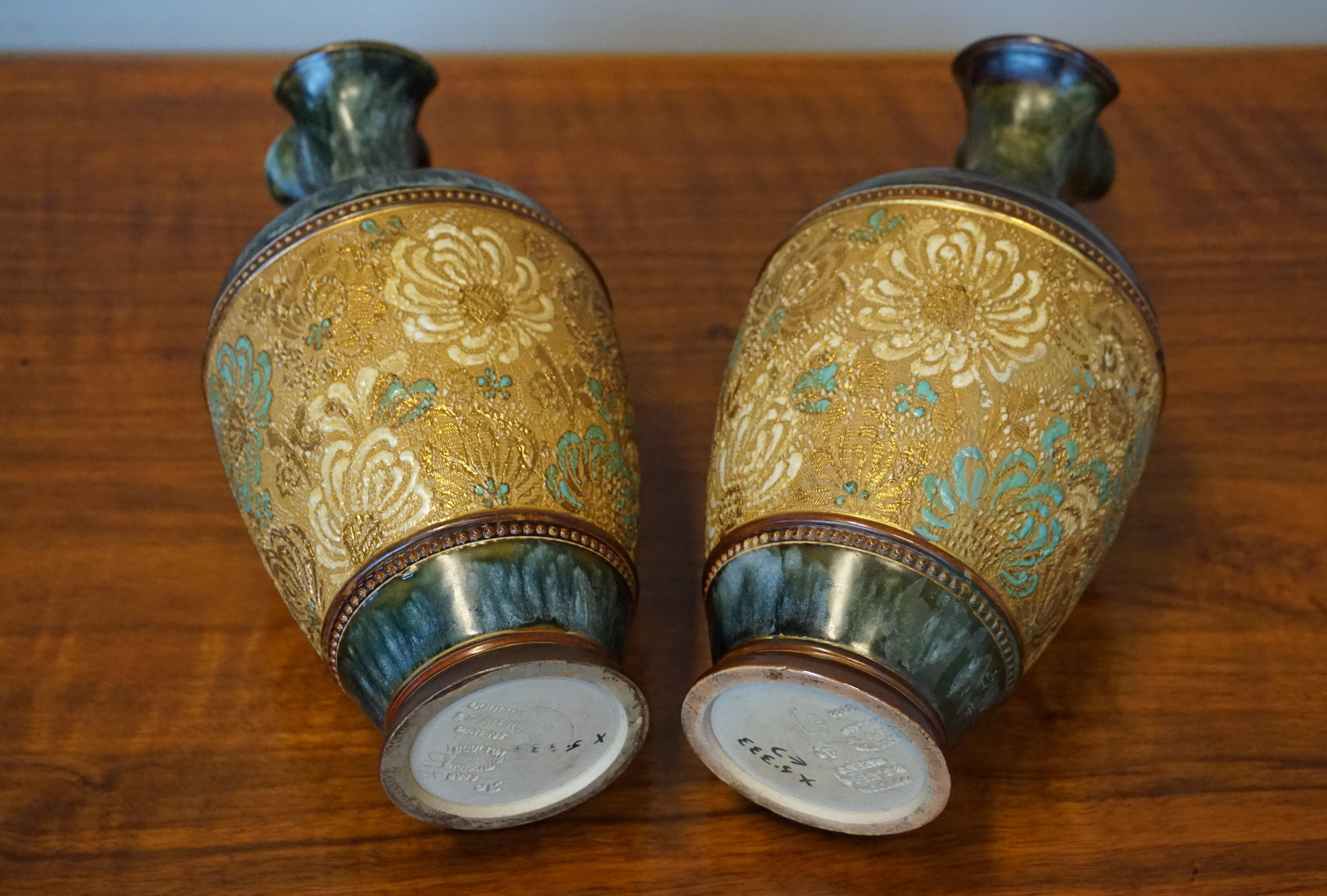 Rare Pair of Doulton Lambeth Vases with Striking Golden & Enameled Flower Decor For Sale 1