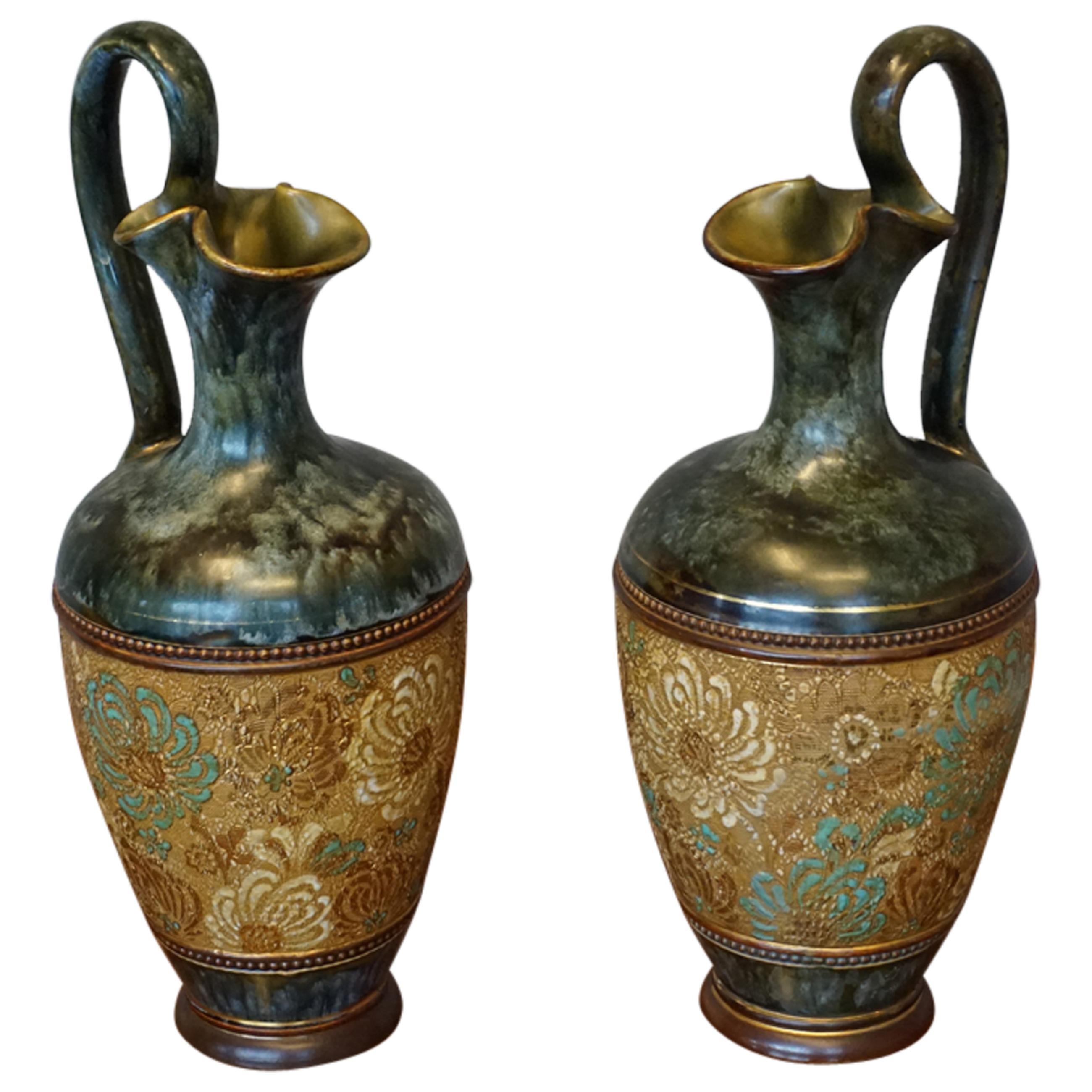 Rare Pair of Doulton Lambeth Vases with Striking Golden & Enameled Flower Decor