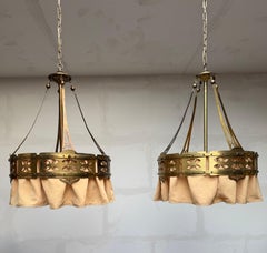 Rare Pair of Dutch Arts & Crafts Hand-Crafted Brass Pendant Lights w Warm Patina